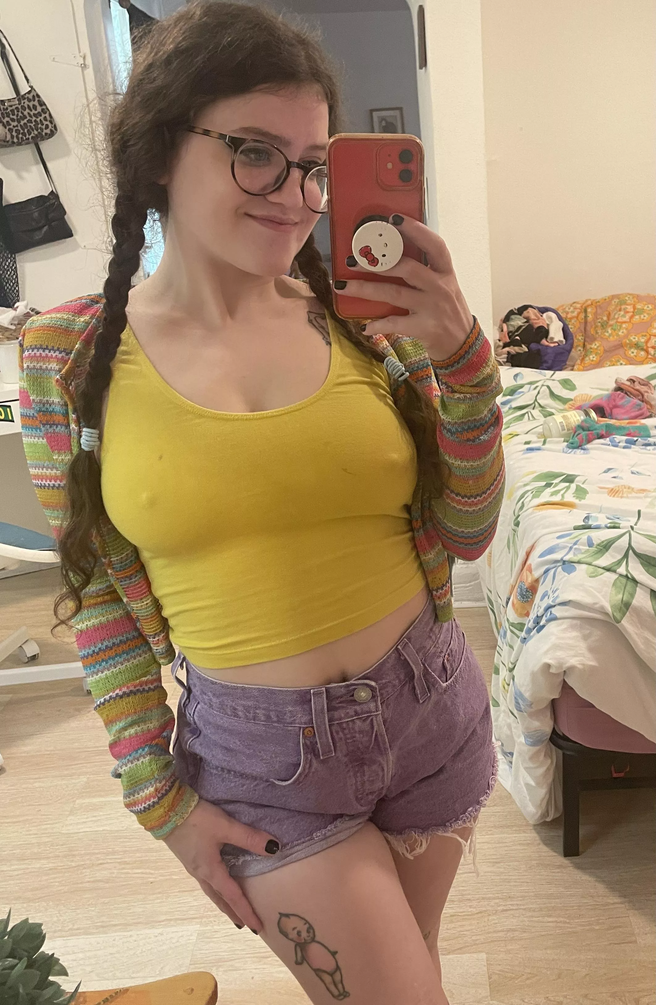 cute girl presenting: two yellow pokies