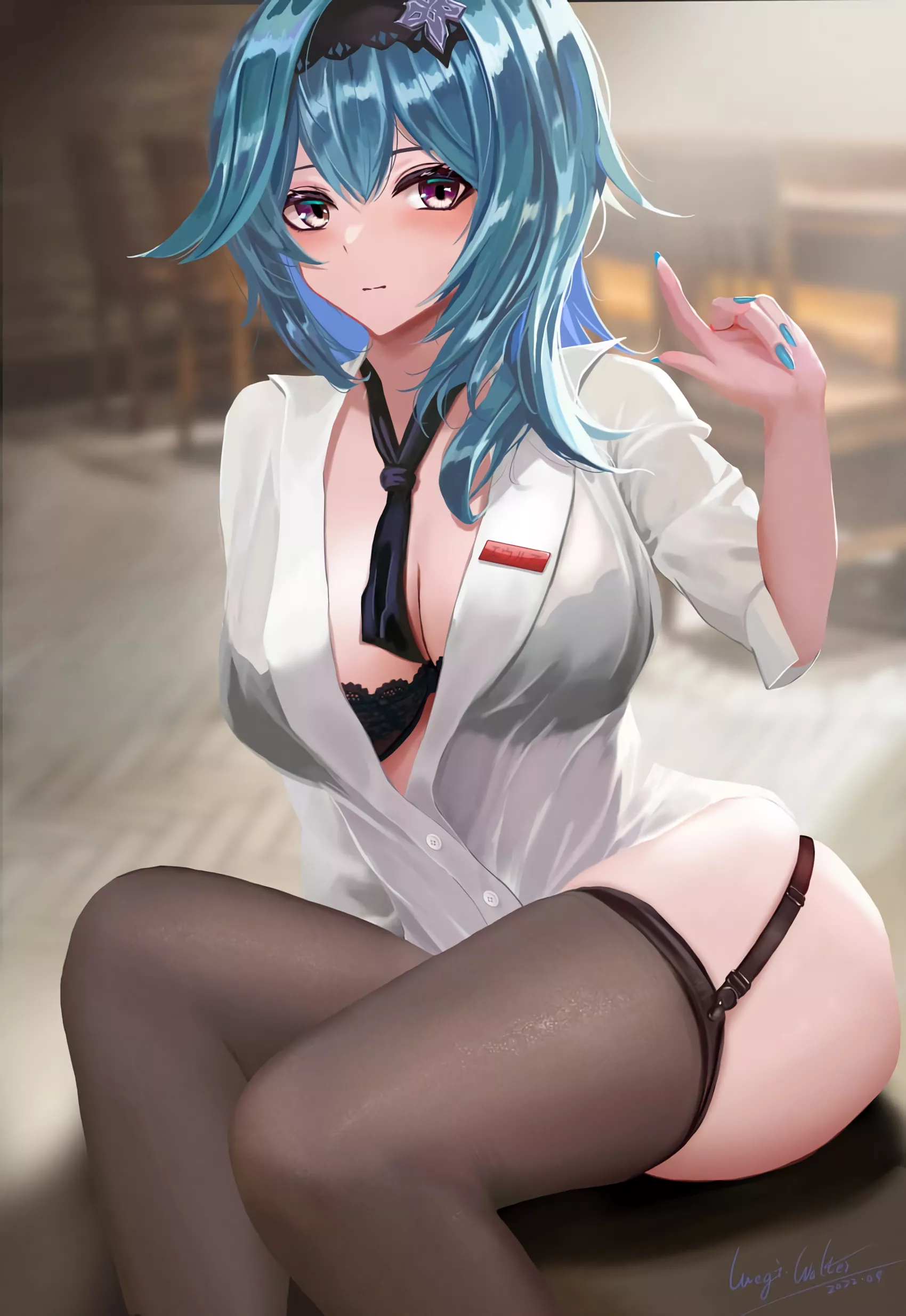 Indoors Eula with shirt and short tie (meginalter) [Genshin Impact]