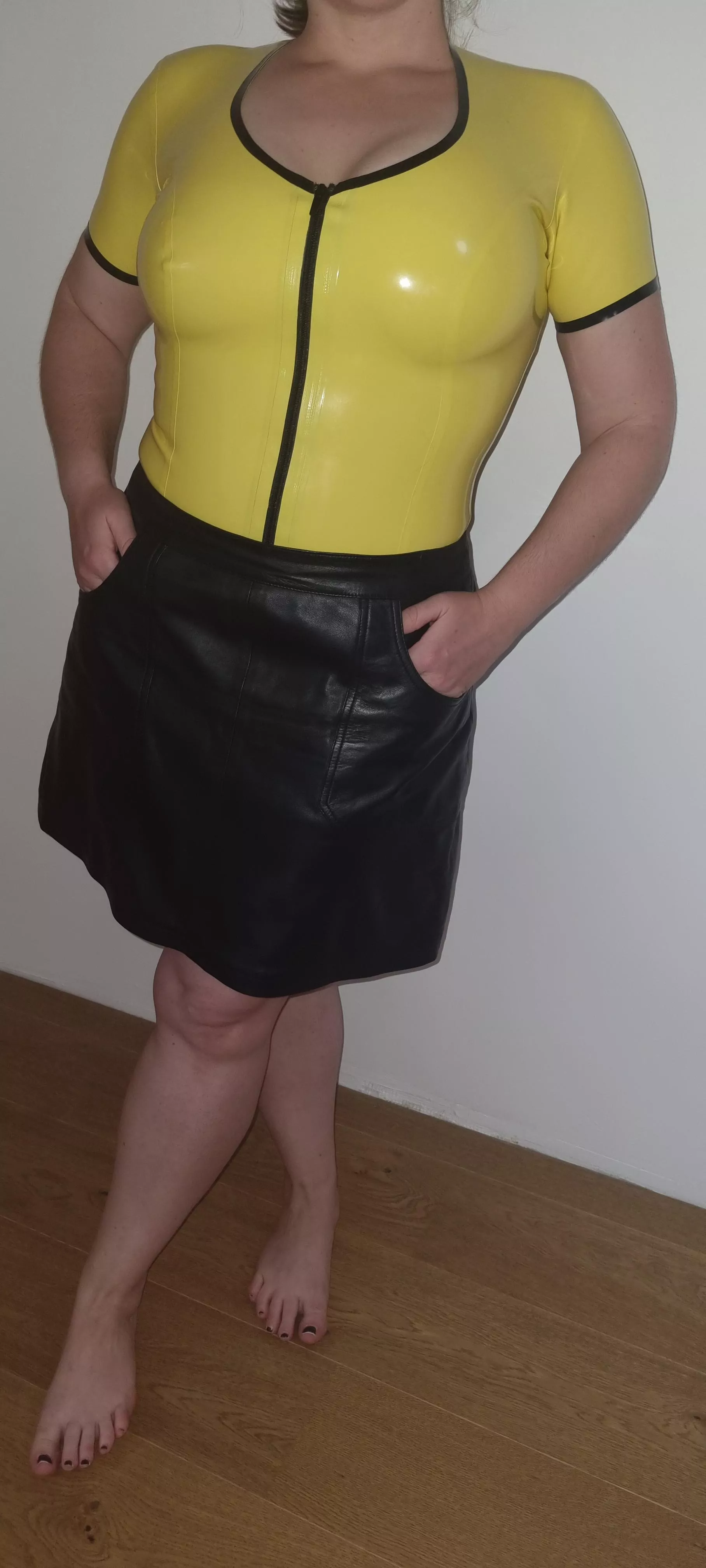 Latex top with leather skirt