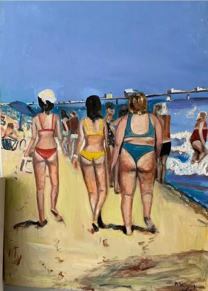 When at the beach, I love to create original oil paintings of the non model types & less than perfect bodies, like my own & honor them. Their confidence is so inspiring to me to maybe get my old bikini out of storage! Hope you enjoy my fun beach 