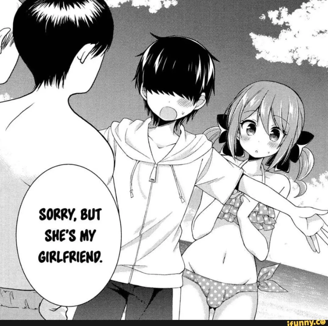 LF Mono Source: [What is the Manga name]â€œSorry, but sheâ€™s my girlfriendâ€, 1girl, 2boys, 3boys, beach, bulge, frilled bikini, frills, groin, hair between eyes, hair ribbon, meme, no eyes, polka dot, short sleeves, sidelocks, trap, twintails, zipper