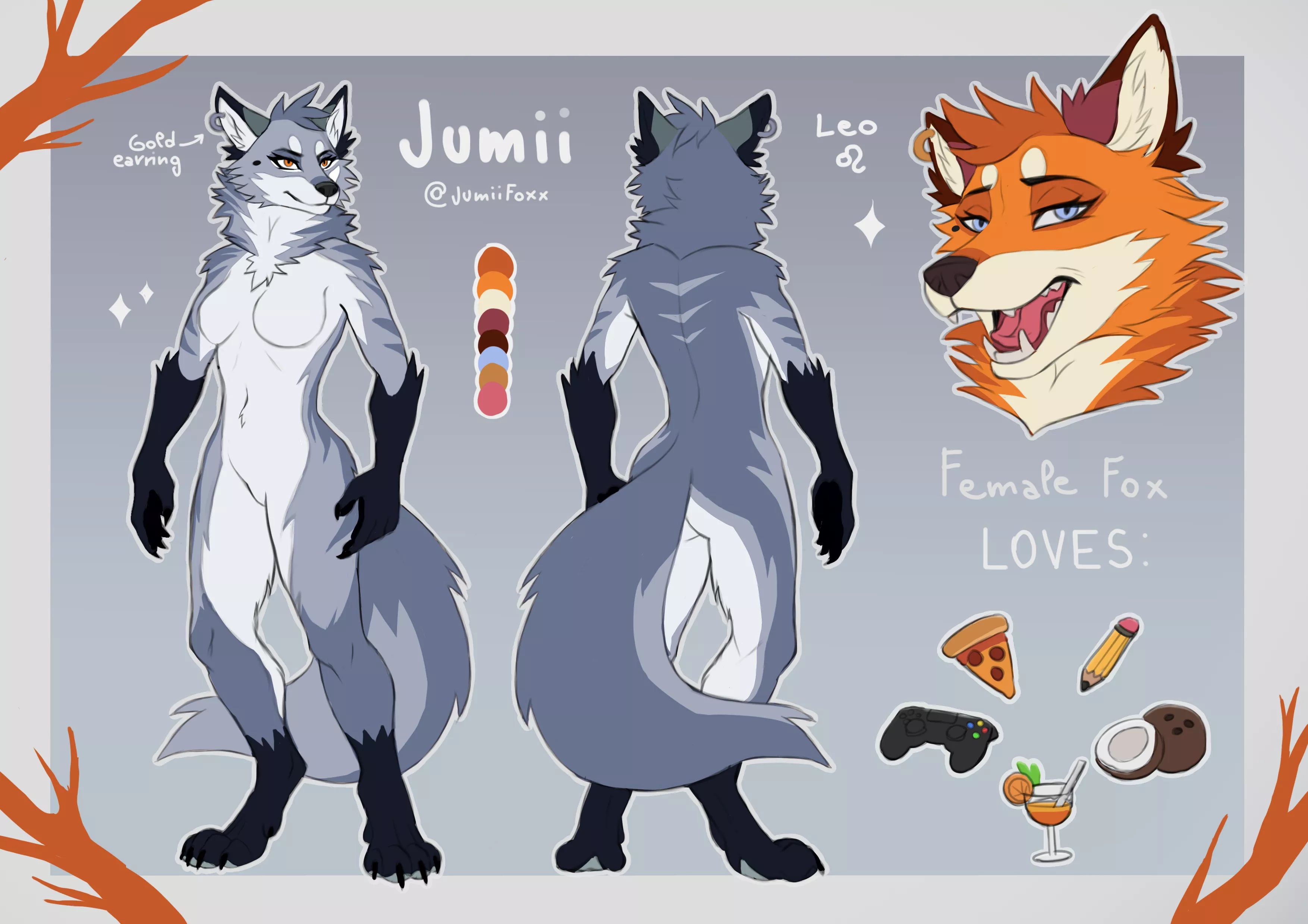 Winter version of my fursona sheet! also my commissions are open! ^^ ðŸ• (art by me, @jumiifoxx on Twitter)