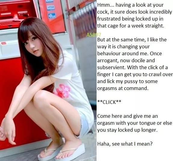 It's quite easy for her to control you just by locking your cock away in the cage!