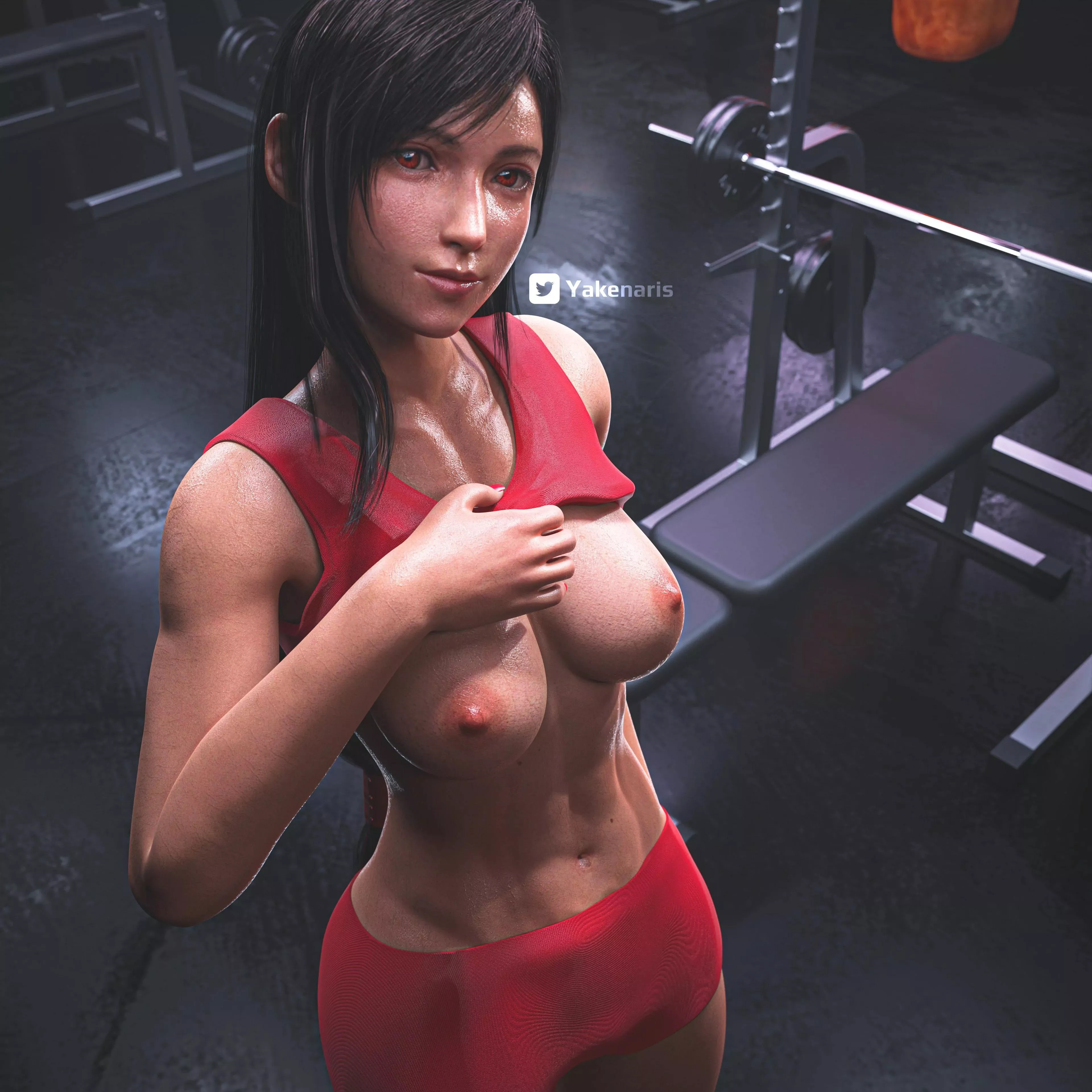 Tifa Lockhart showing her tits at the gym (Yakenaris)