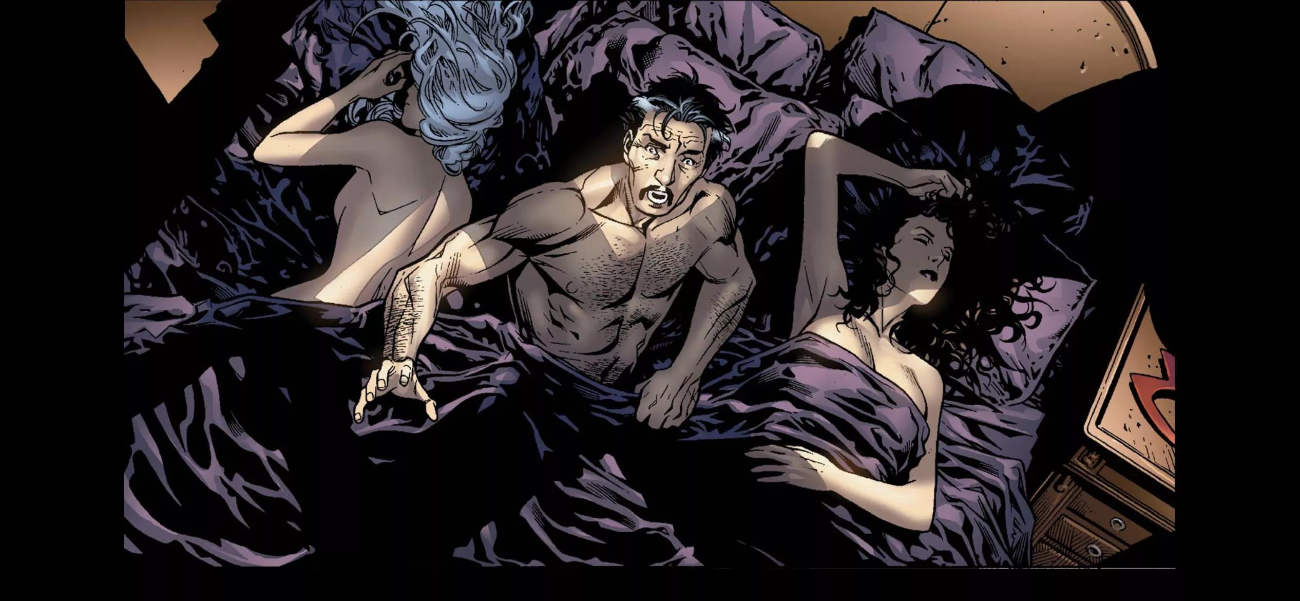 Dr. Strange having a threesome with Clea & Wanda Maximoff/Scarlet Witch. [New Avengers: Illuminati #3, 2006]