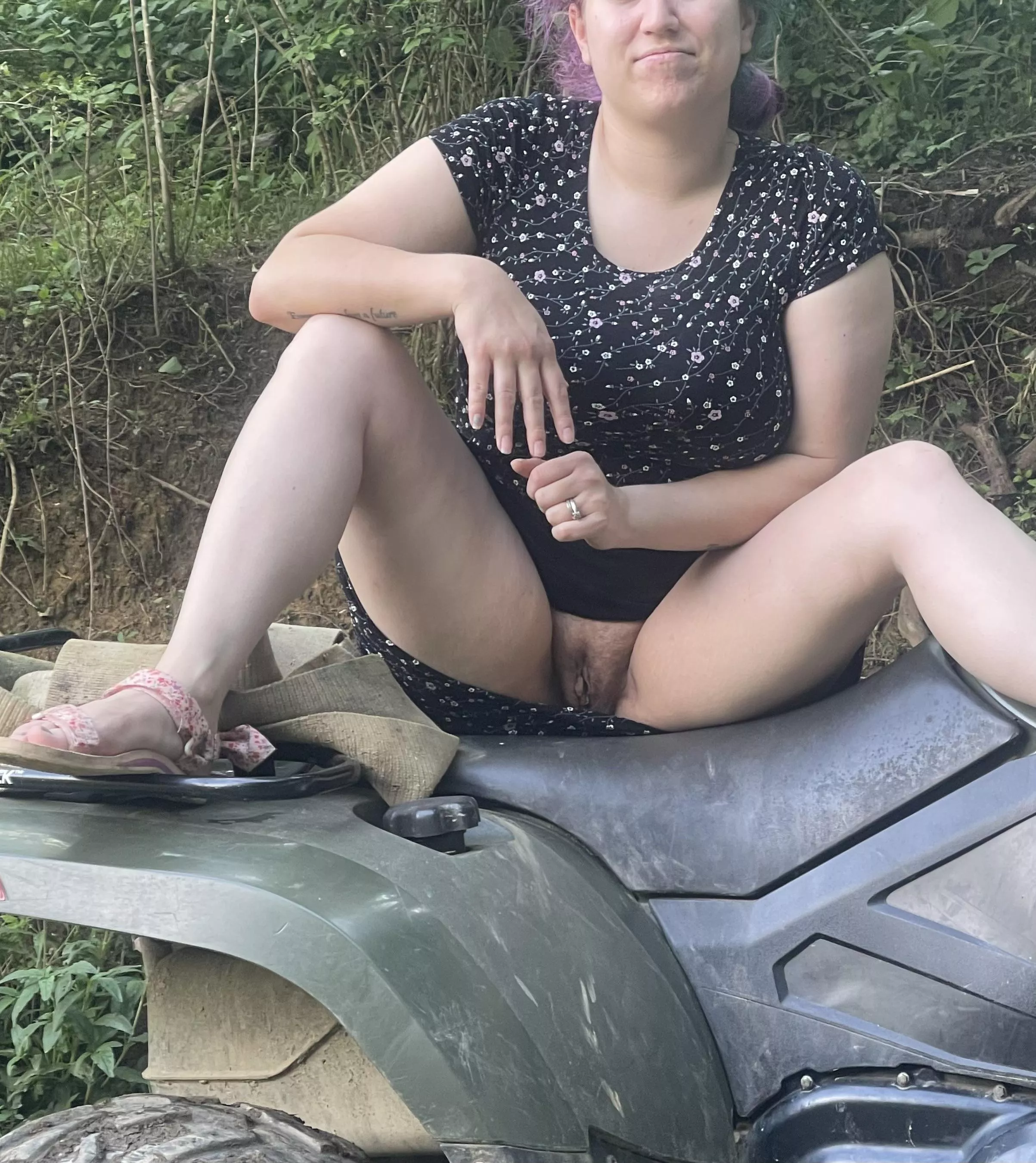 My wife showing off her tight little pussy on a public four wheeler road