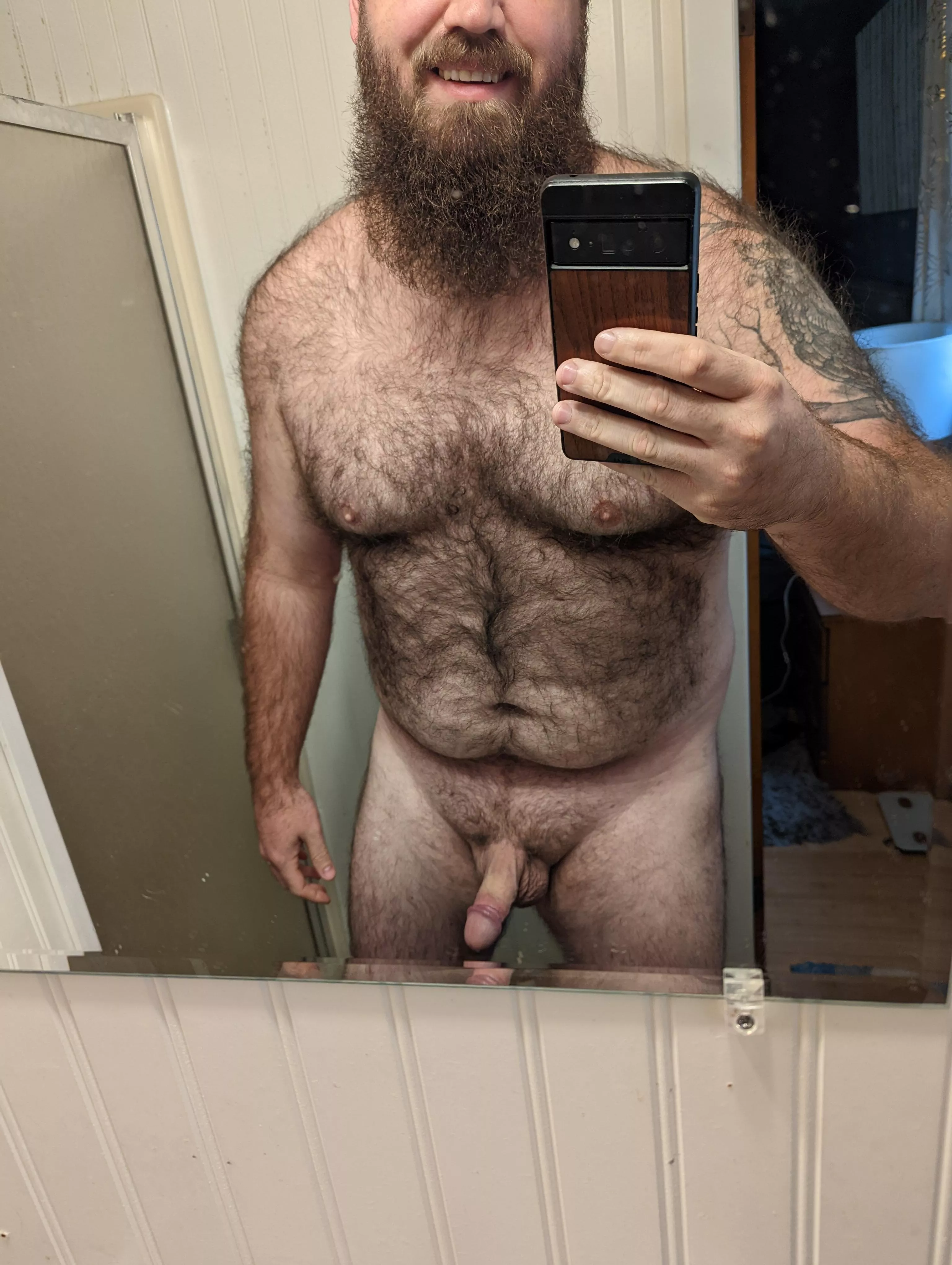 shirtless, bearded, hairy, and pantless. working from home is great!