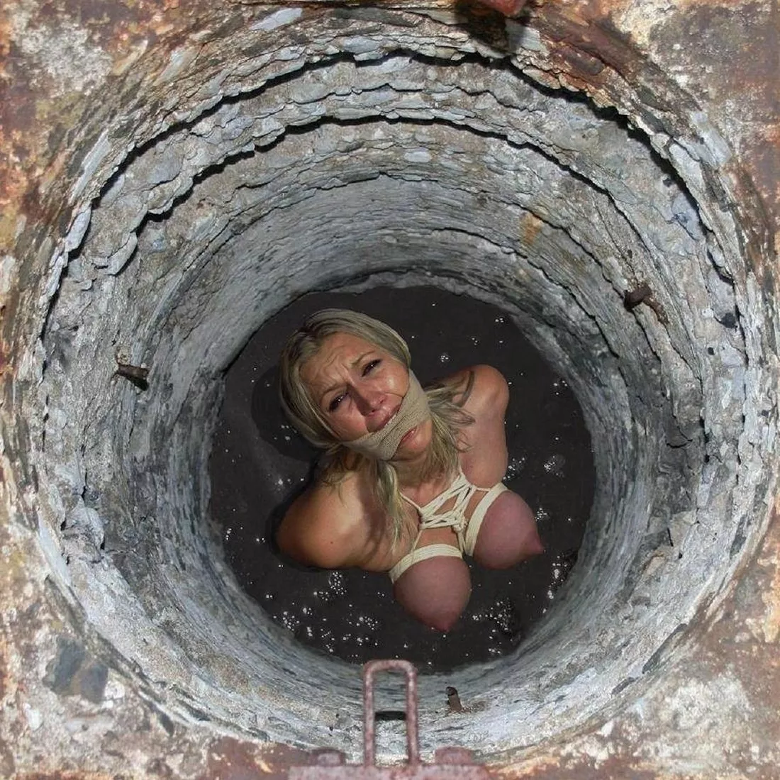 Bound and kept down a well