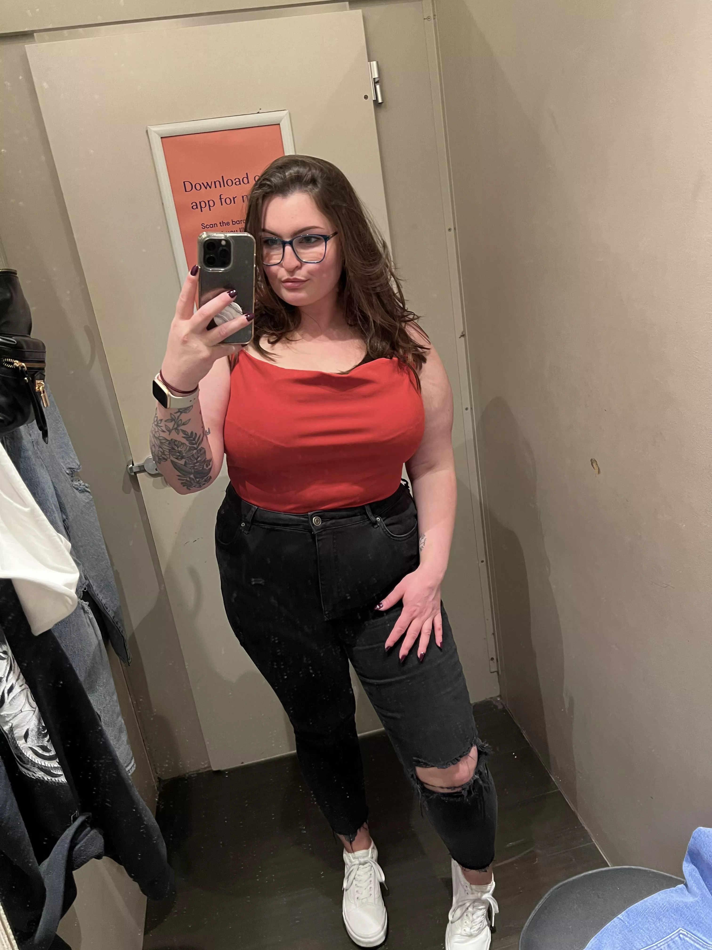 Changing room selfie from today! 🥰 loving my new red body suit