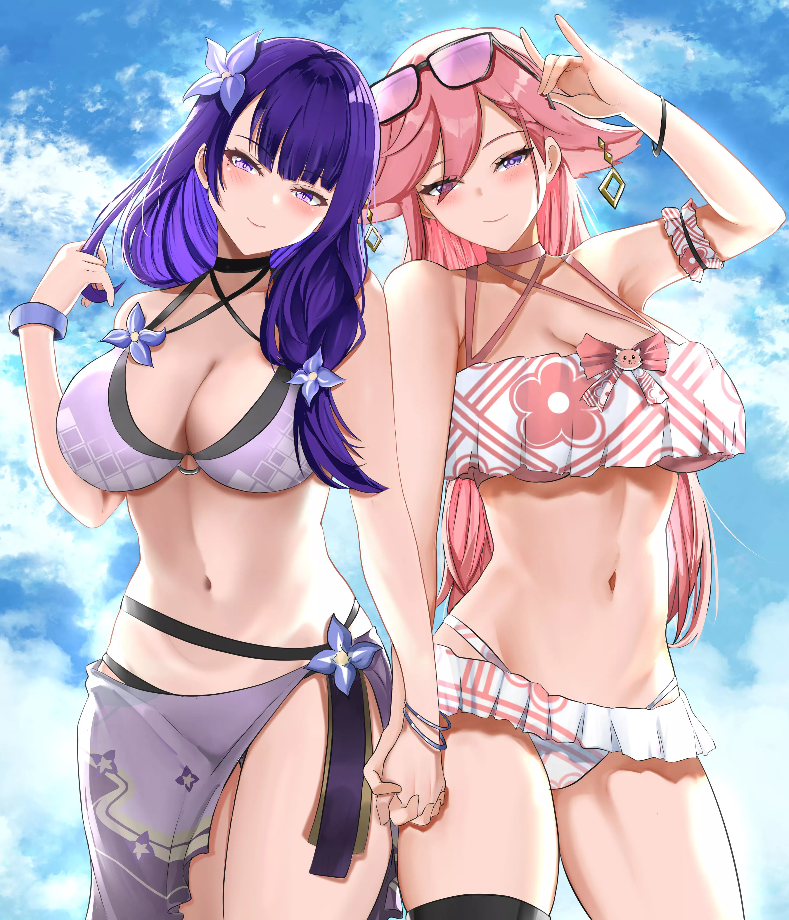 Ei & Yae handholding on the beach (by Tian Kazuki)[Genshin Impact]