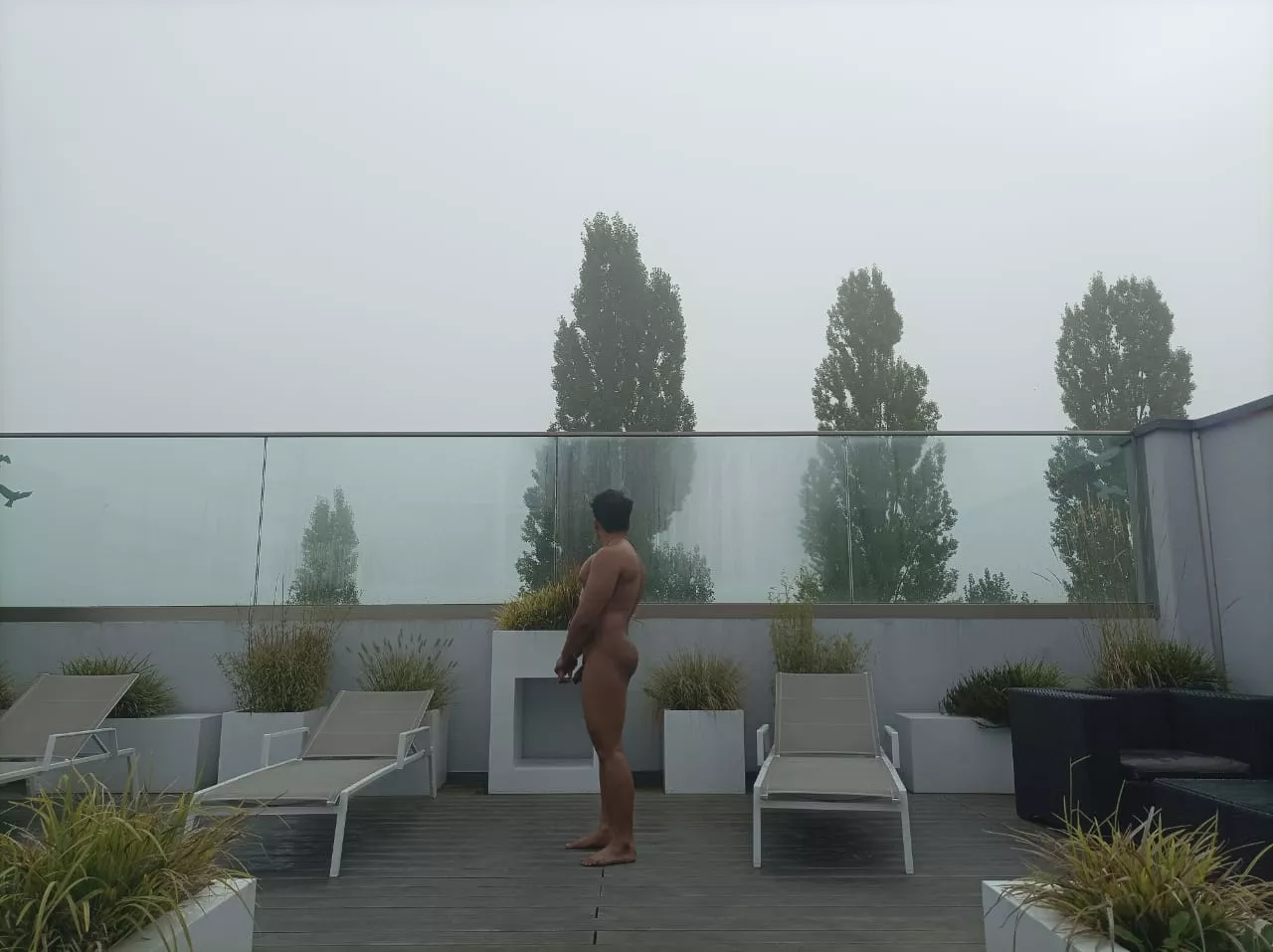 relaxing after a workout on a foggy morning