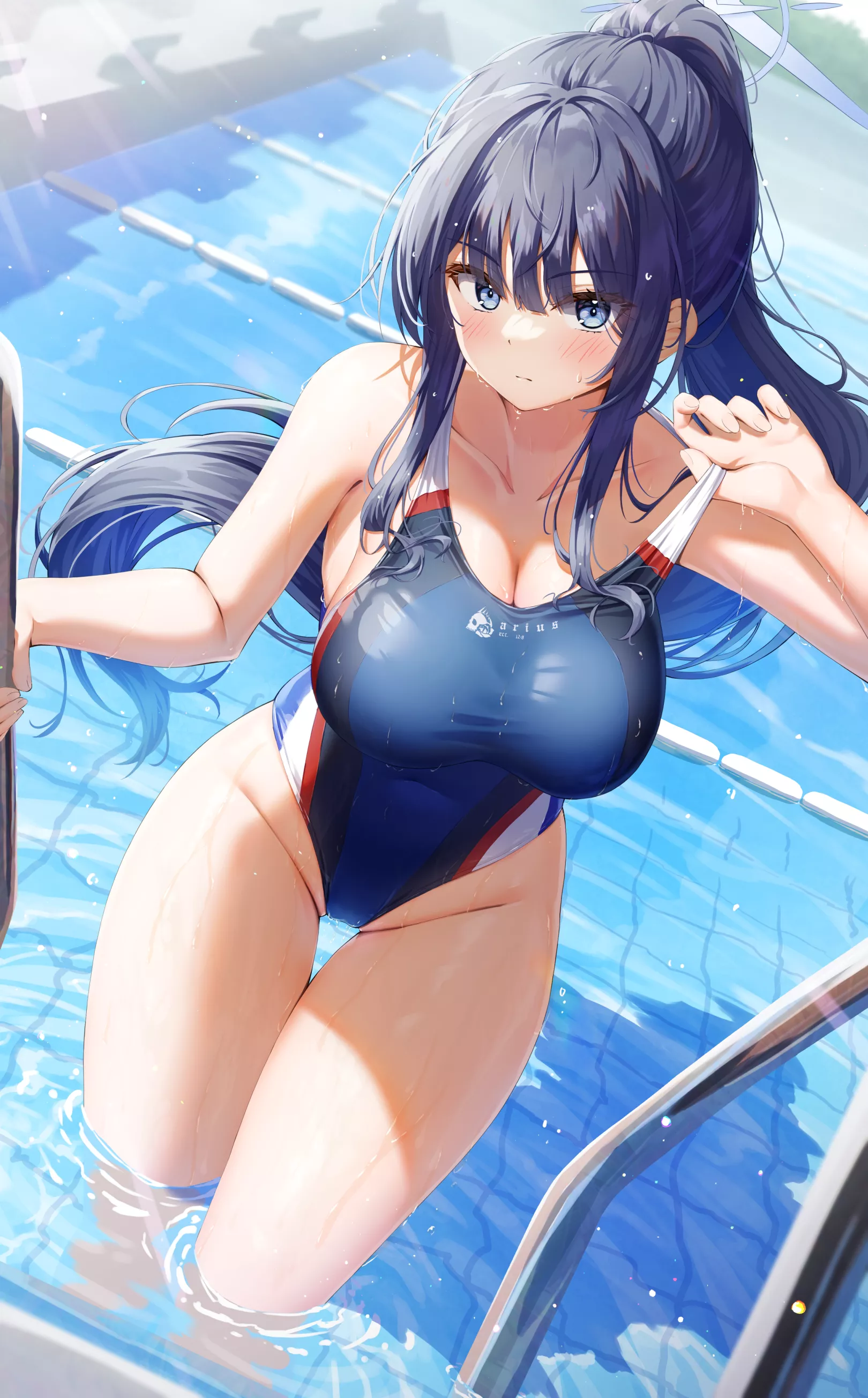 Saori in a competition swimsuit getting out of the pool (Kuria) [Blue Archive]