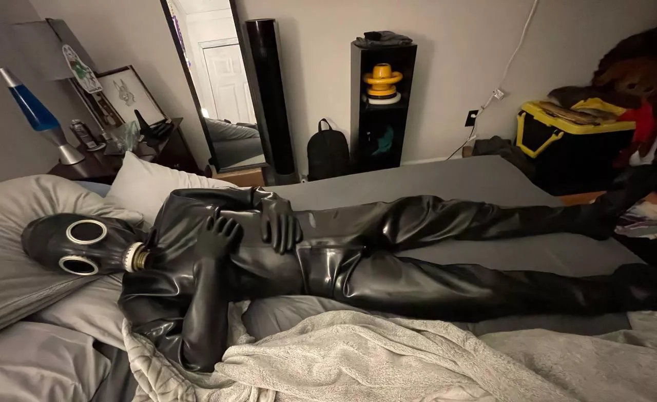 Total enclosure sleep. A 1MM one-piece suit with attached gas mask and anal sheath while locked in make for a wonderful, sweaty sleep!