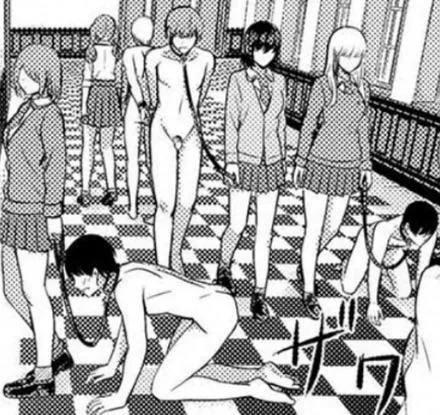 LF Mono source: 4girls, 4boys, all fours, arms behind back, bdsm, blazer, checkered floor, clothed female nude male, collar, faceless male, faceless female, hallway, leash, loafers, femdom, nude, penis, school uniform, sweater