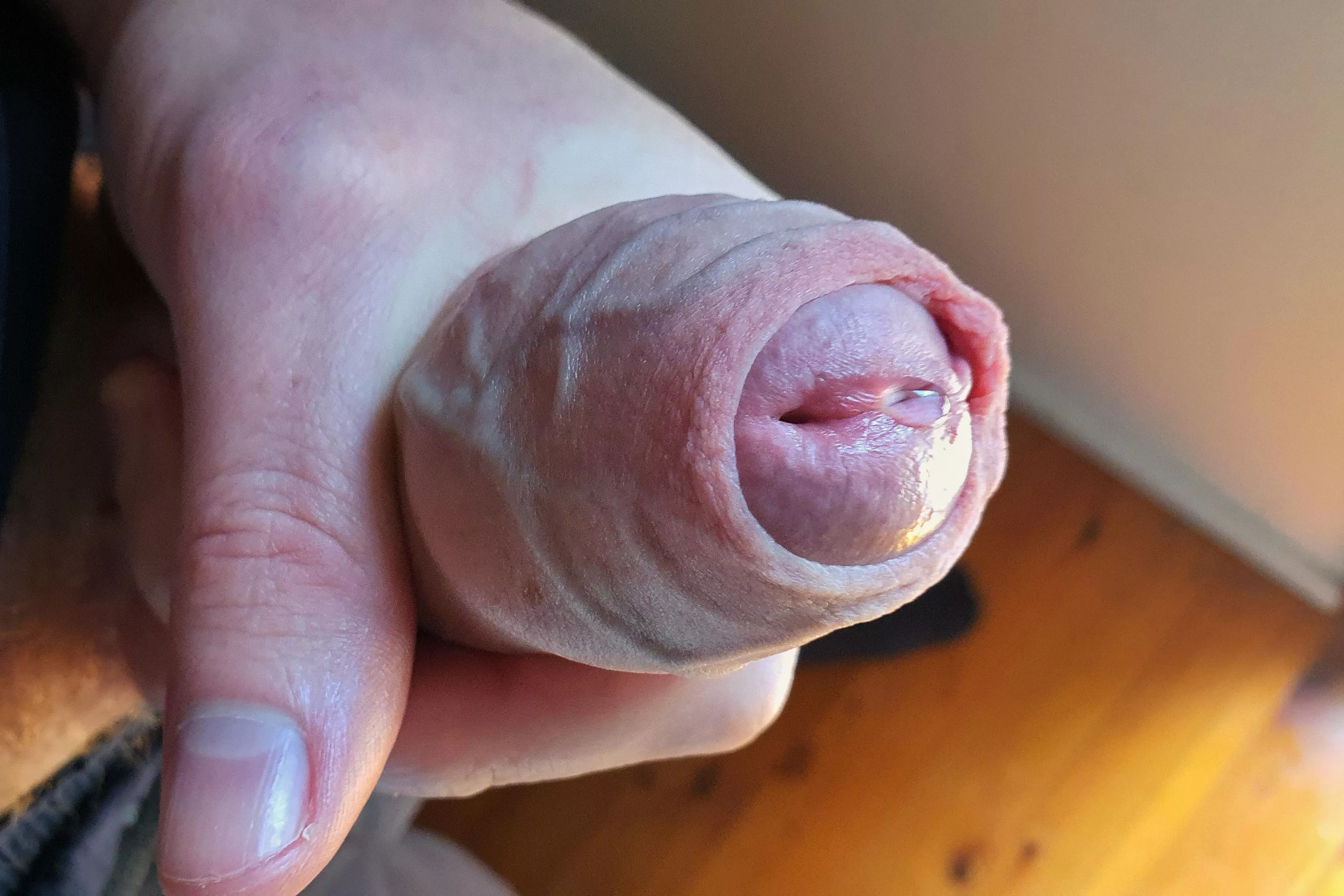 Uncut, veiny, and with a 💧 of precum at the tip