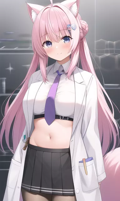 Catgirl scientist with an exposed belly [ai-generated]