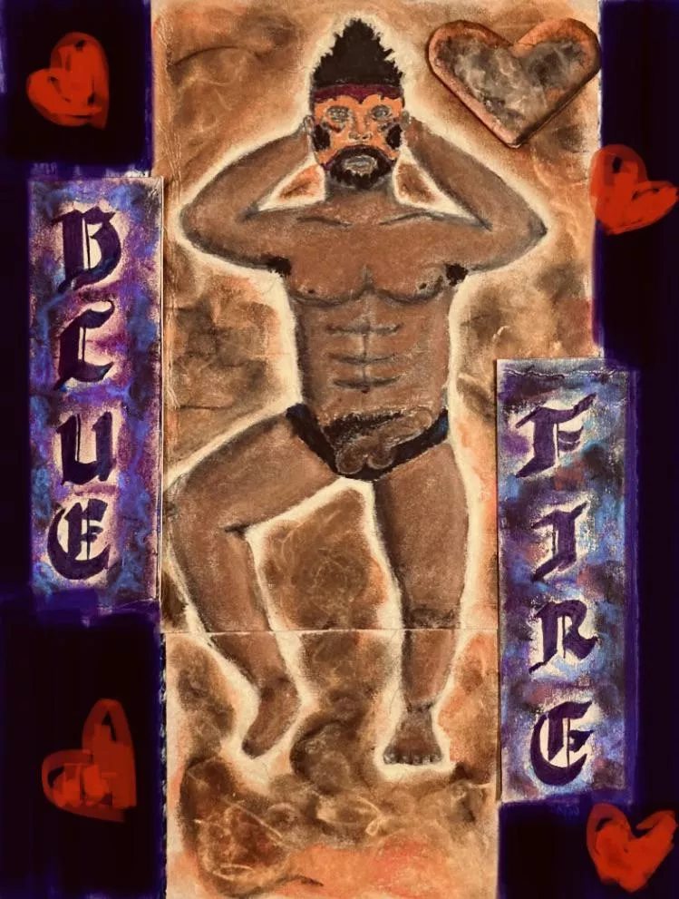 Introducing: Blue Fire. He'll fight for your heart with demon like strenght #gaybear #gaybears #gaybara #Baragay #barayaoi #wrestler #luchador #inktober2022 #pastels #demon #bluefire