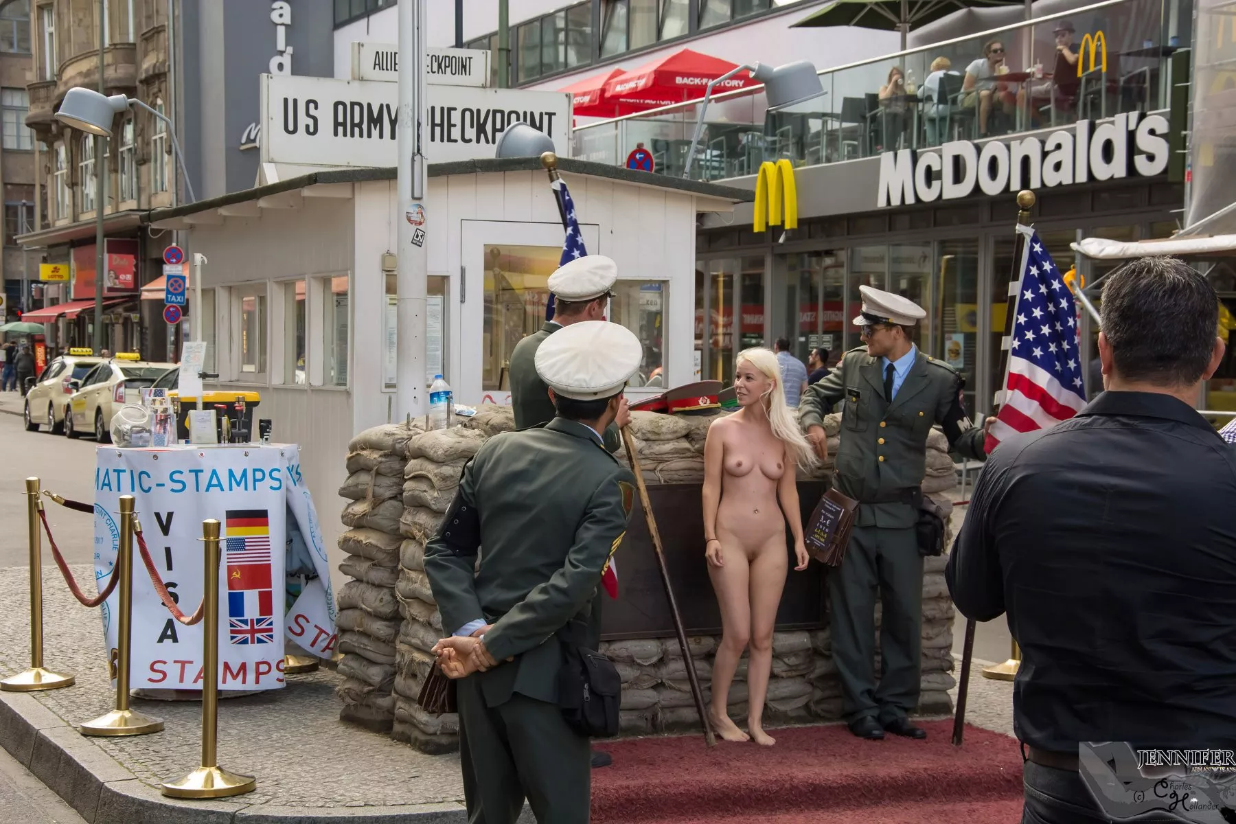 Jennifer at Checkpoint Charlie - nude in Berlin.