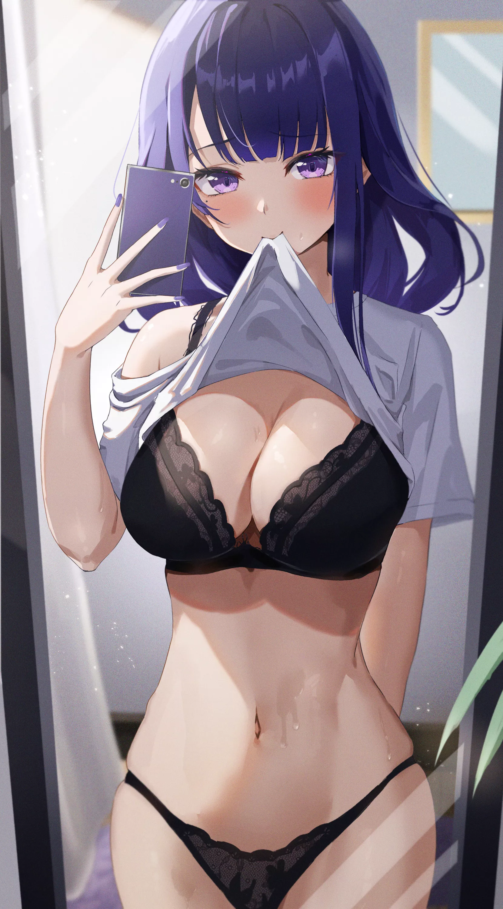 Raiden lifts her shirt to take a mirror selfie (by ã‚„ã¾ã‚‚ã¨)