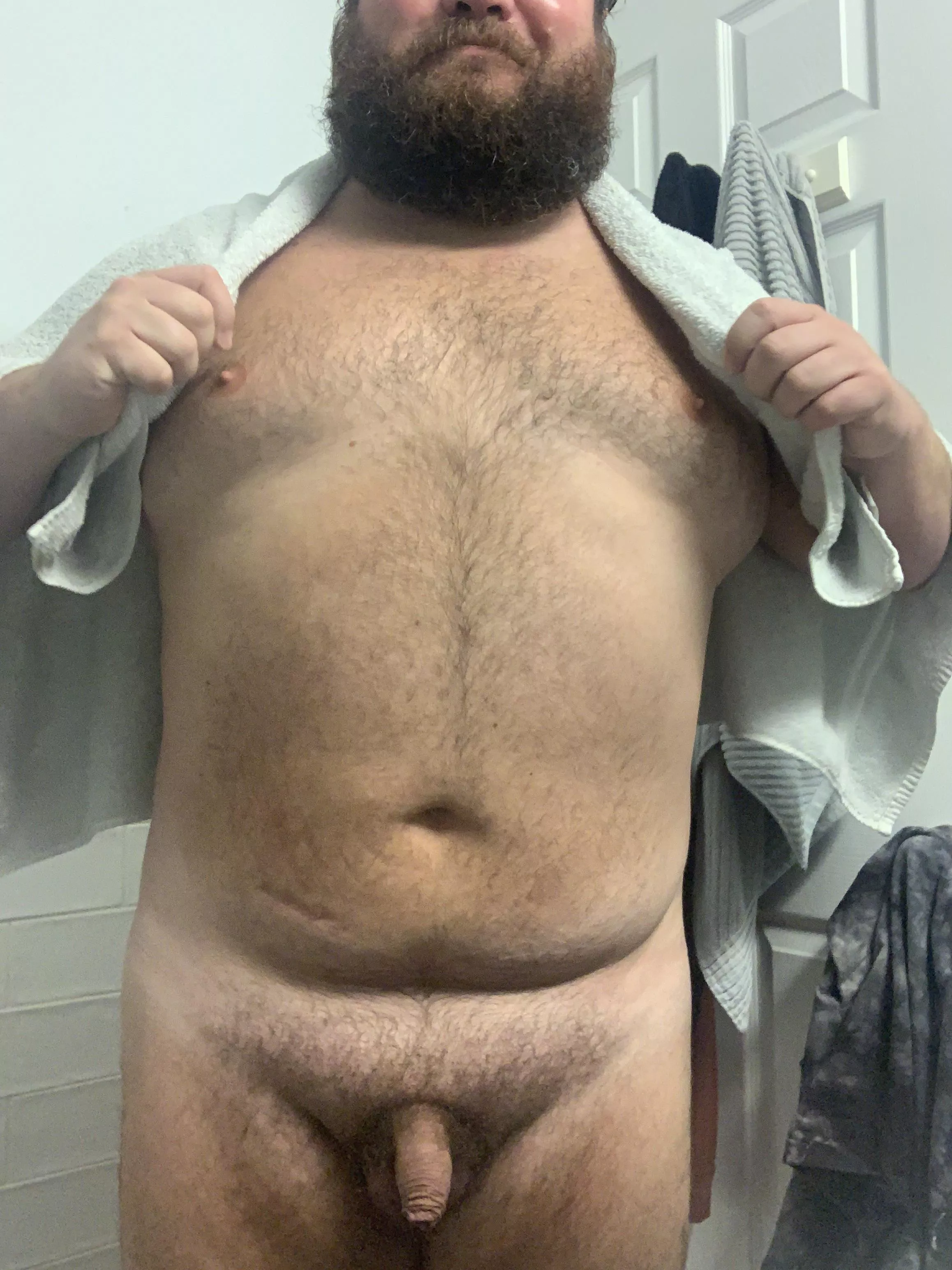 Just out of the shower.