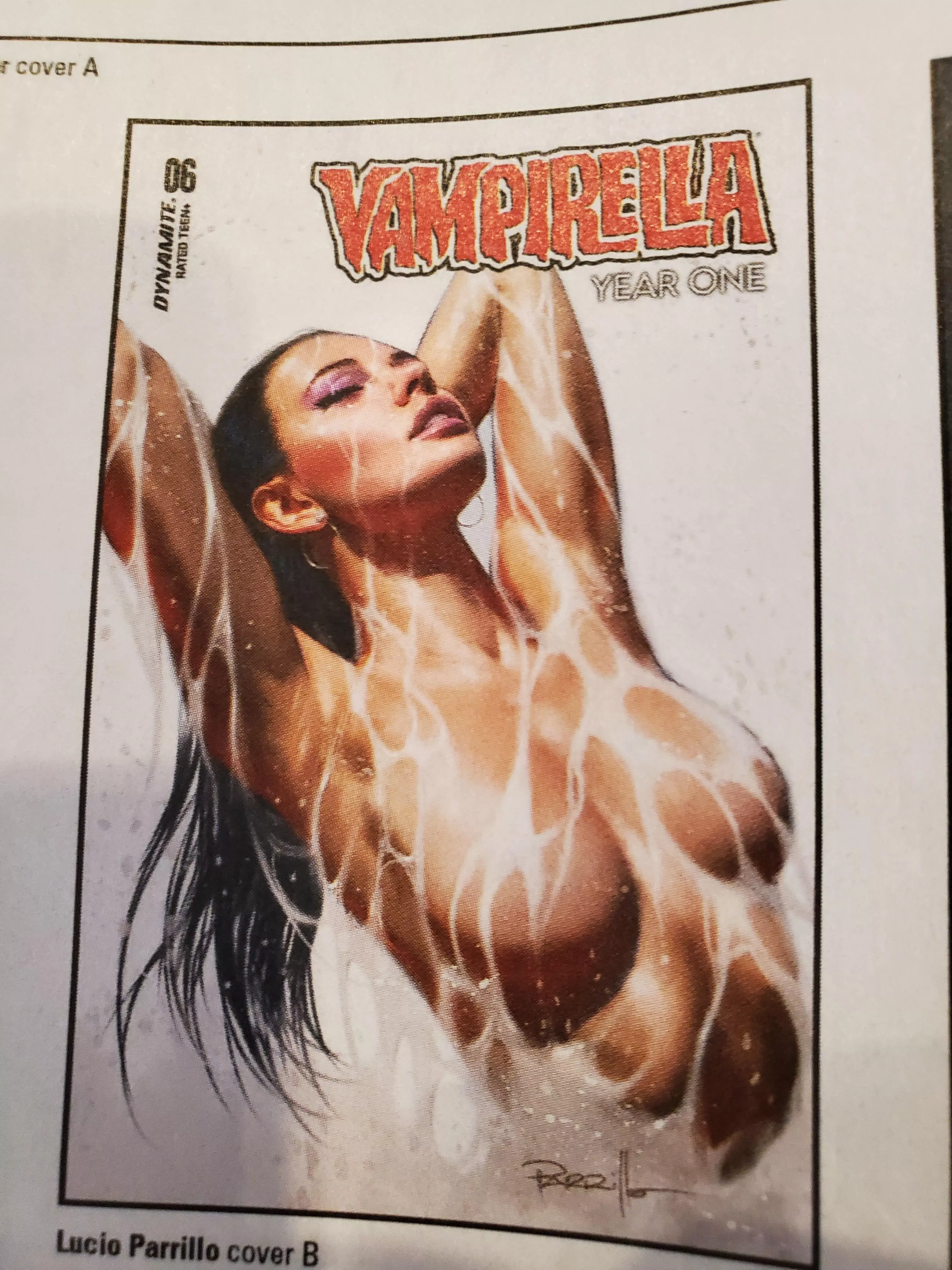 Vampirella has to take a totally ot driven shower. On the cover. [Vampirella Year One #6]