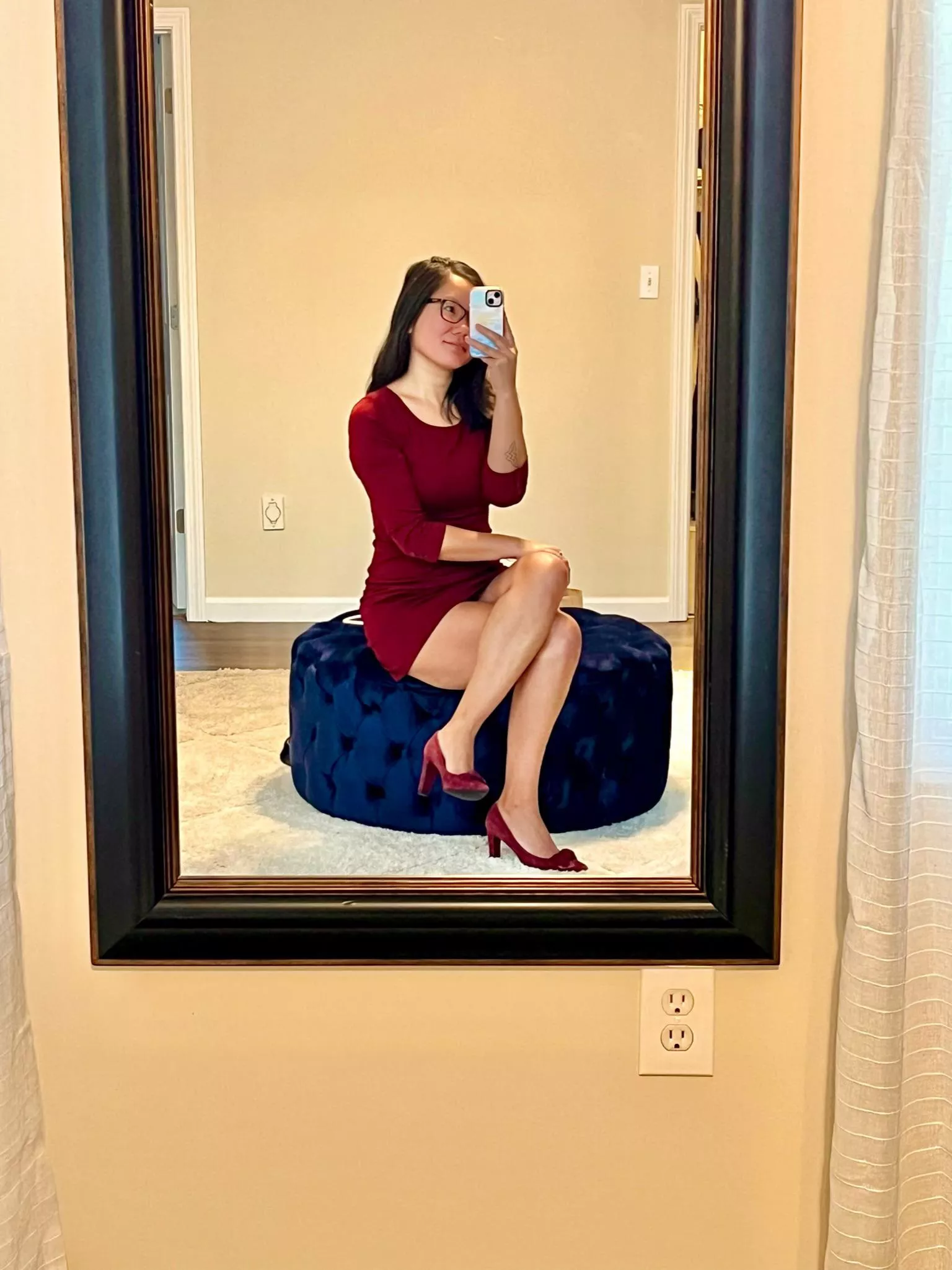 Crossed legs in my matching outfit