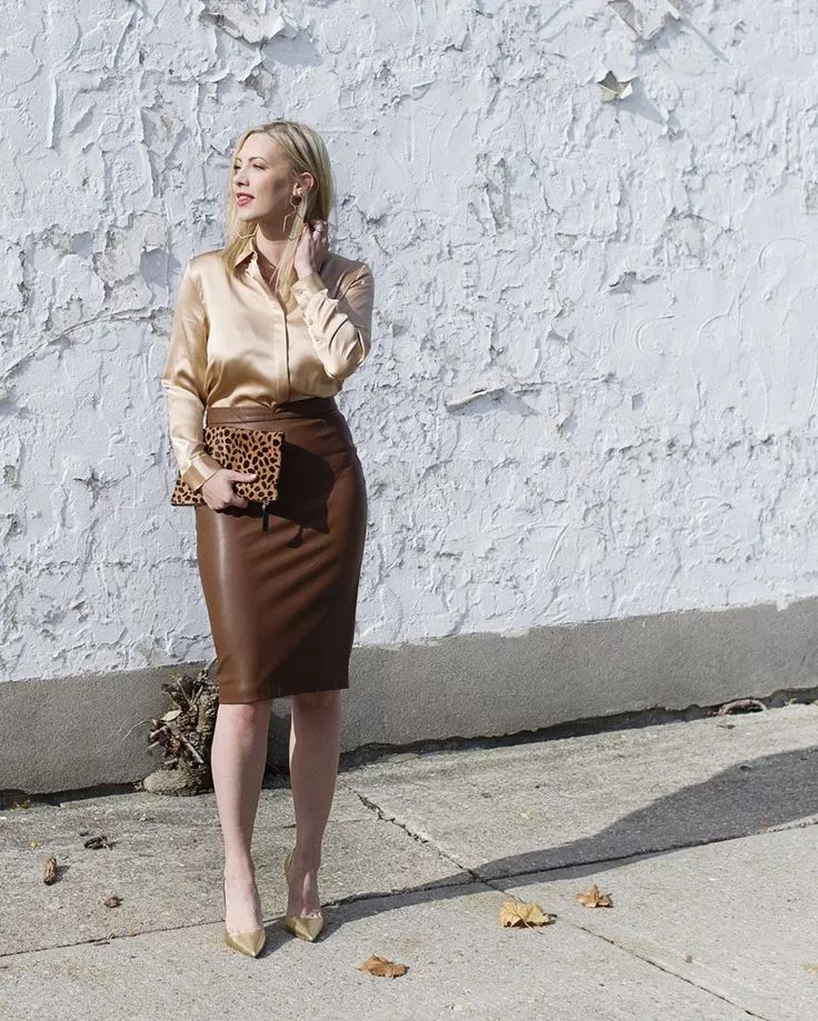 Brown Pencil Skirt and Gold Blouse