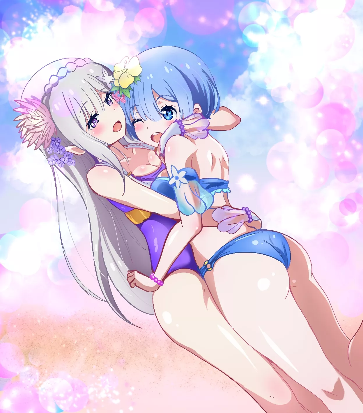 Emilia and Rem playing by the shore (By Tatigami) [Re:Zero]