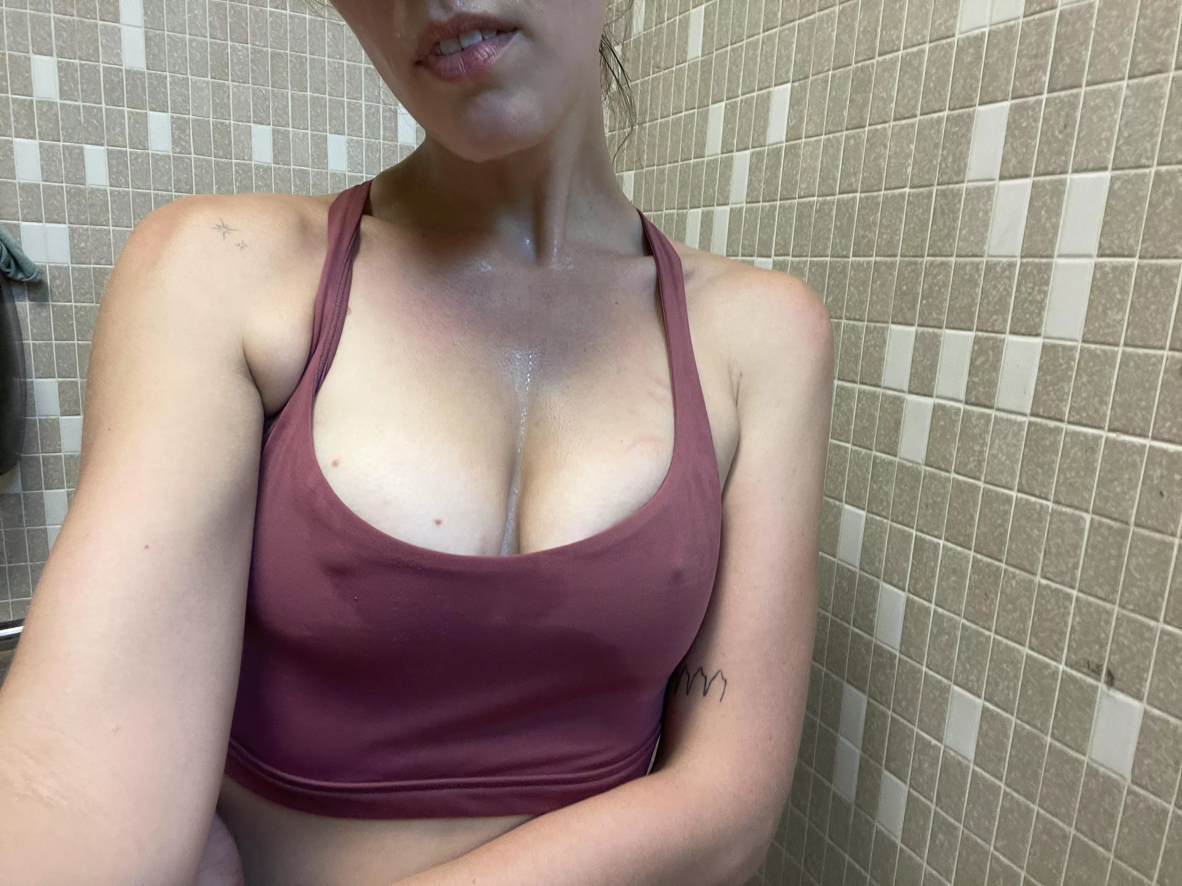 Hot and sweaty with hard nipples