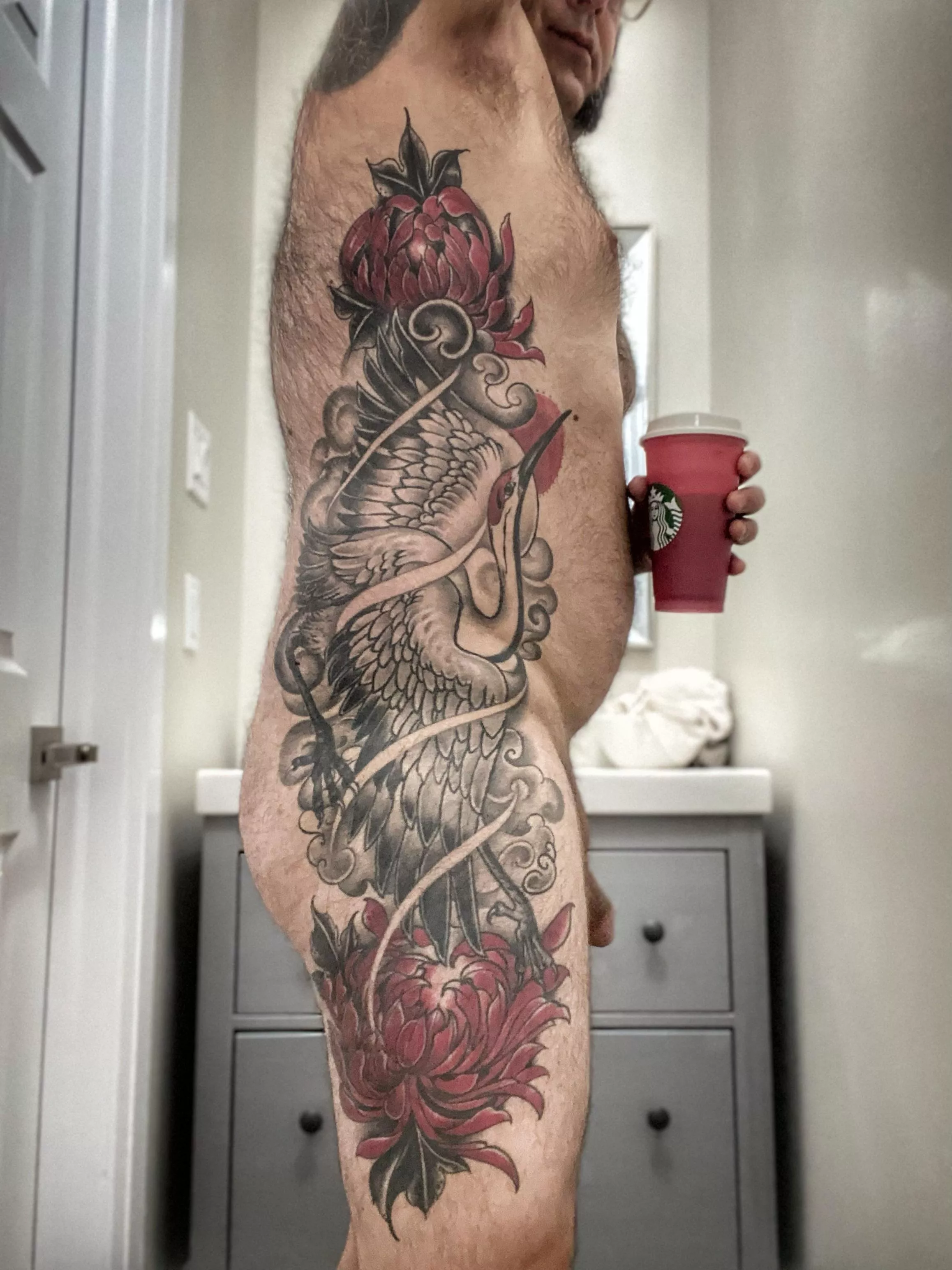 [55] For the tattoo lovers: some of my coverage most people don’t see IRL…. For the cock and coffee lovers: I spy with my little eye…