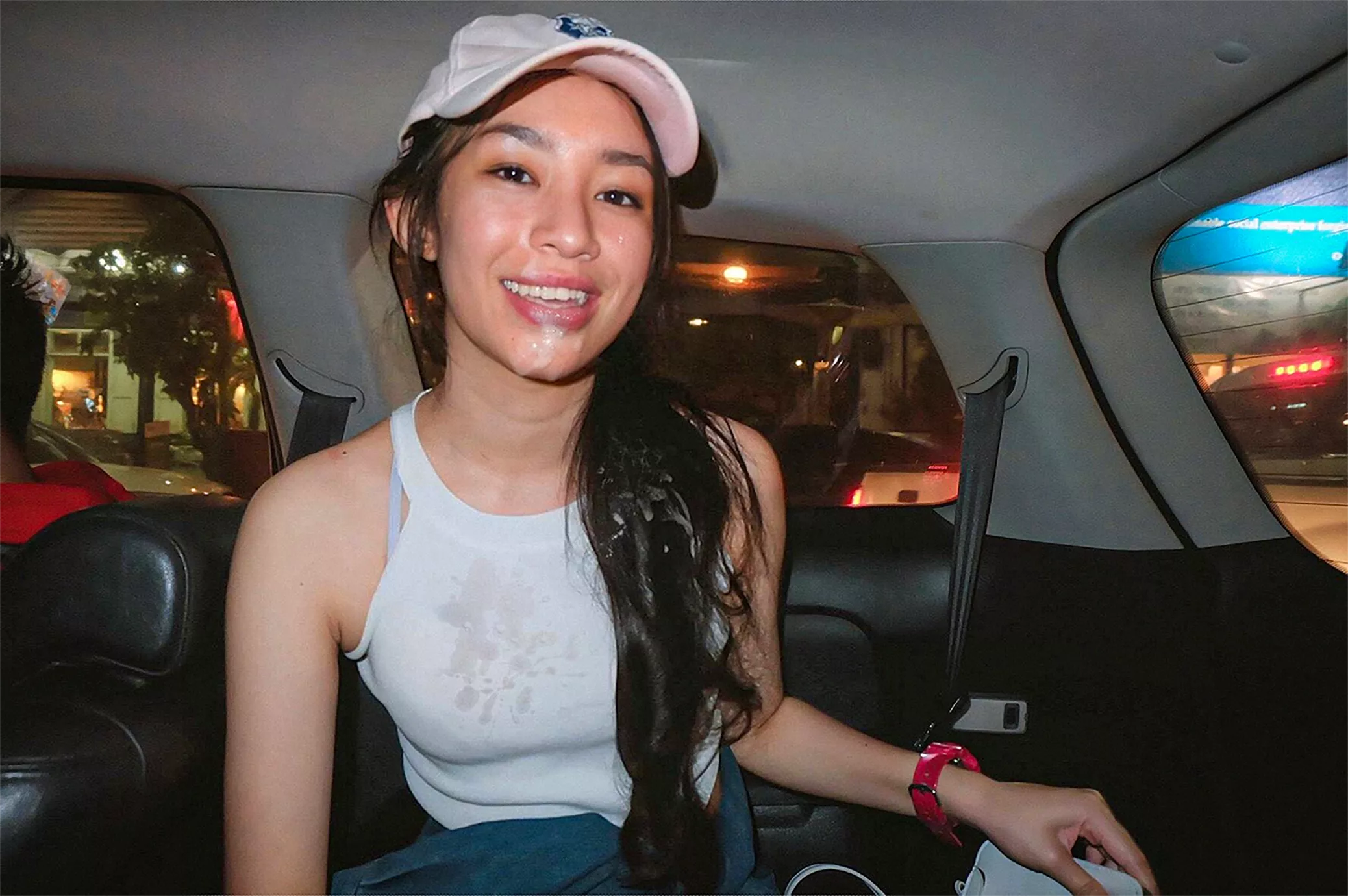 Cute asian being a cumslut behind friend's driving car