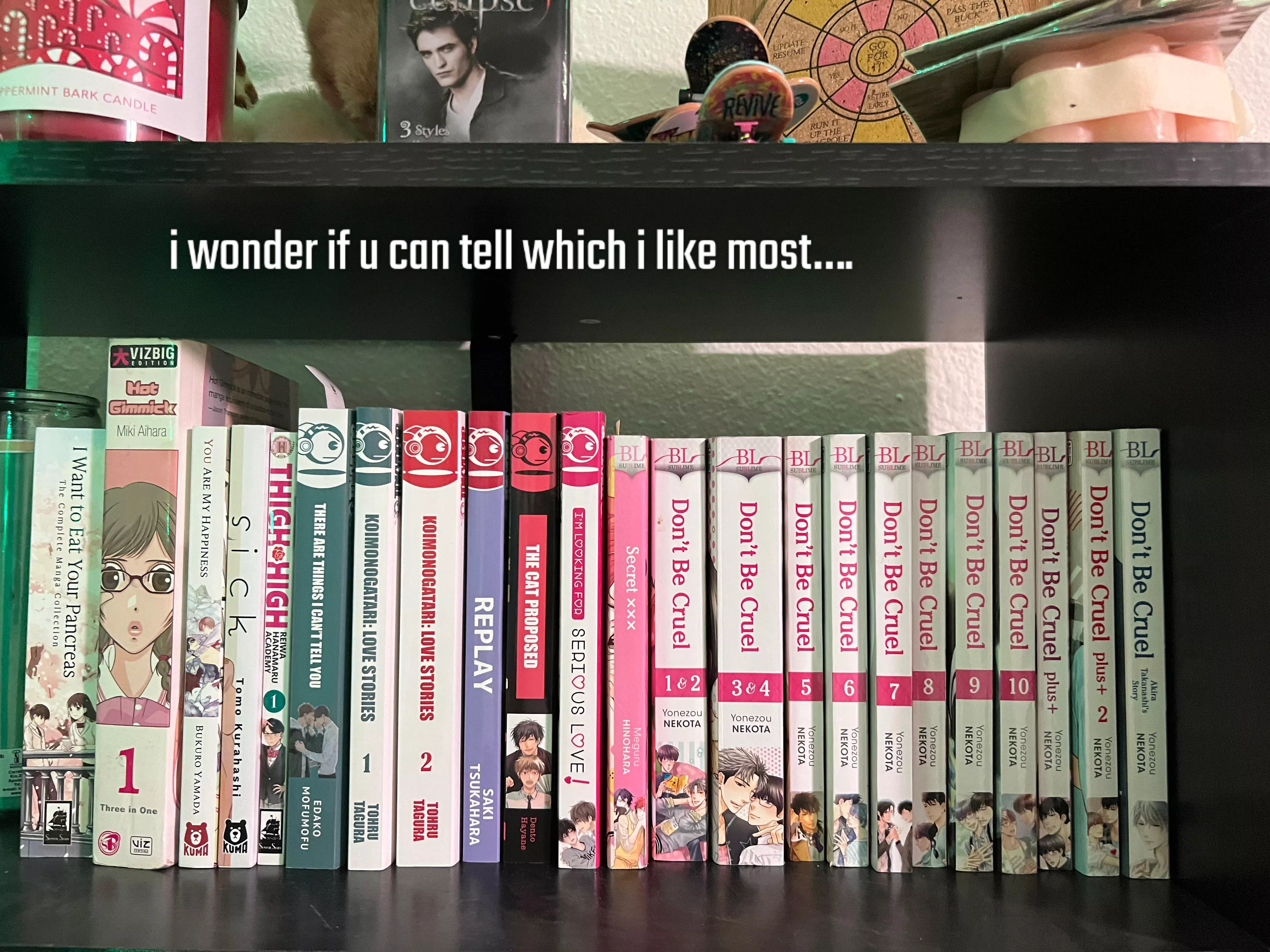 my romance shelf filled with mostly BL :) (the first two r not bl the rest r)