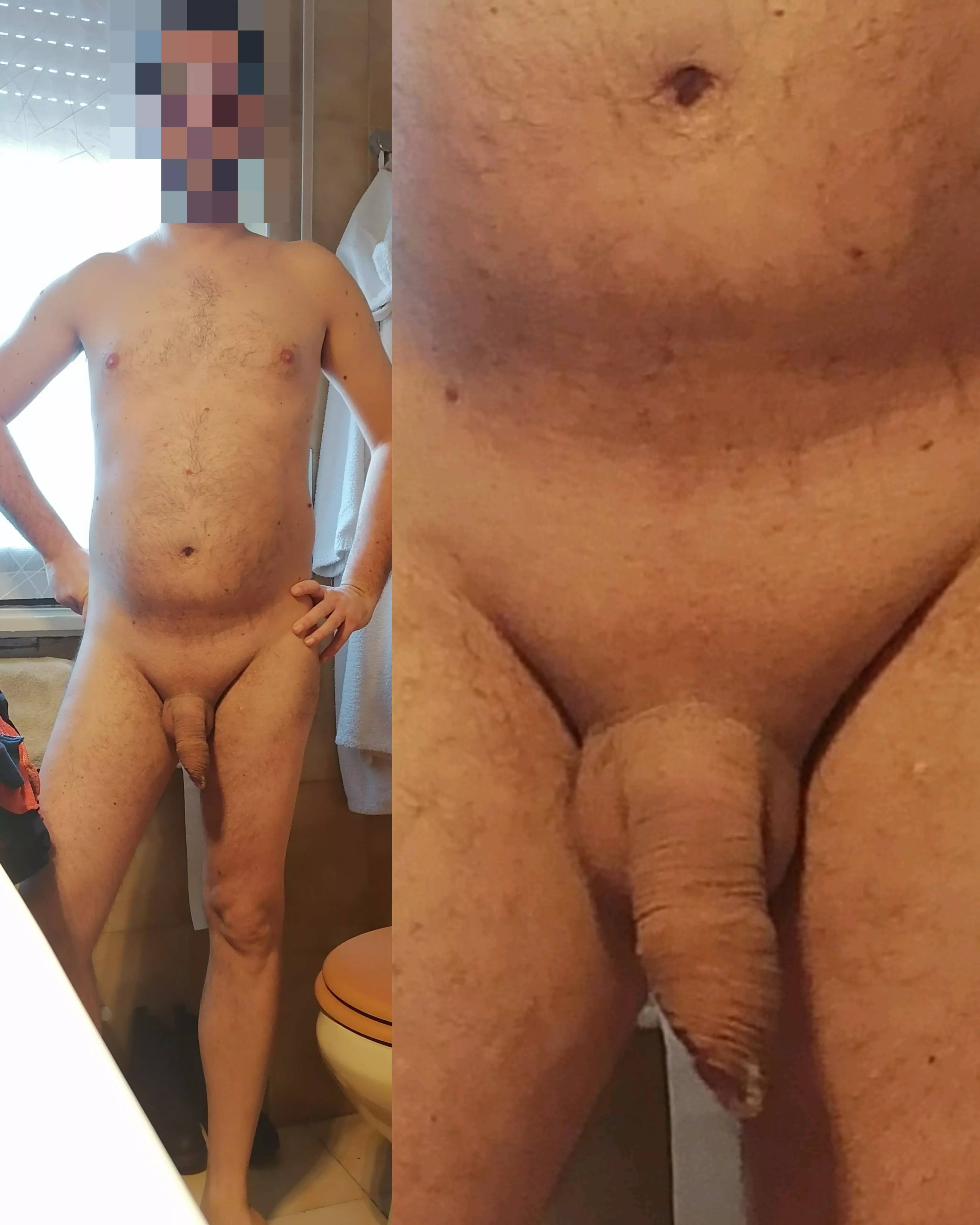 My soft, shaved penis. The glans is entirely covered by the foreskin