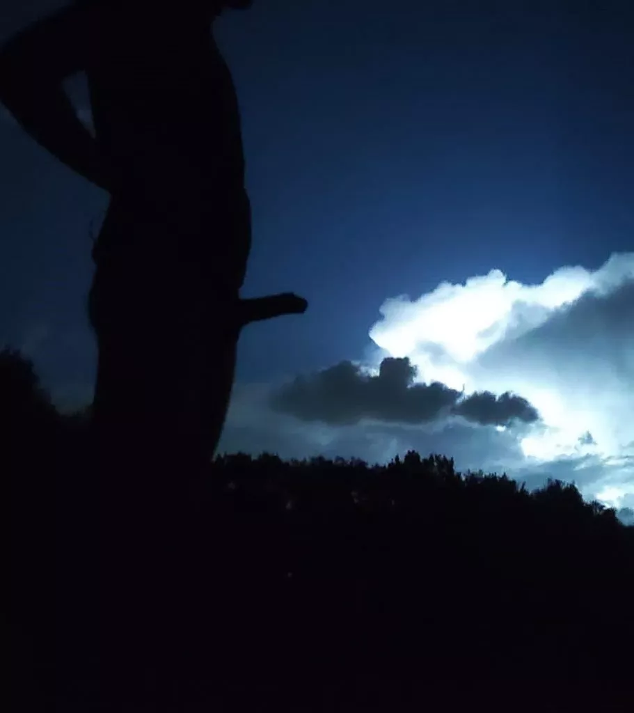 The sky illuminated by the thunderstorm reveals an interesting silhouette