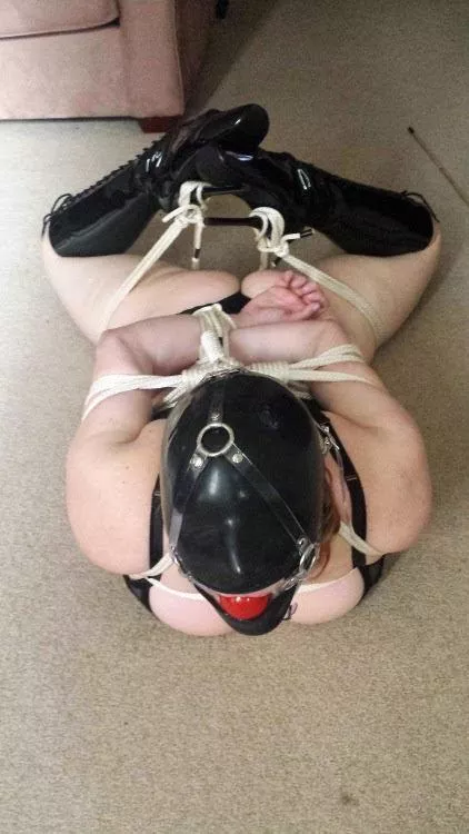 Helpless hooded hogtie