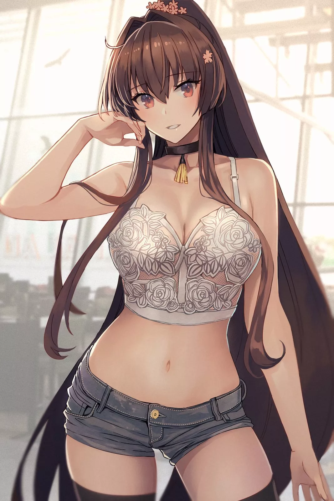 Yamato in a crop top and hotpants (@skchkko)[Kancolle]