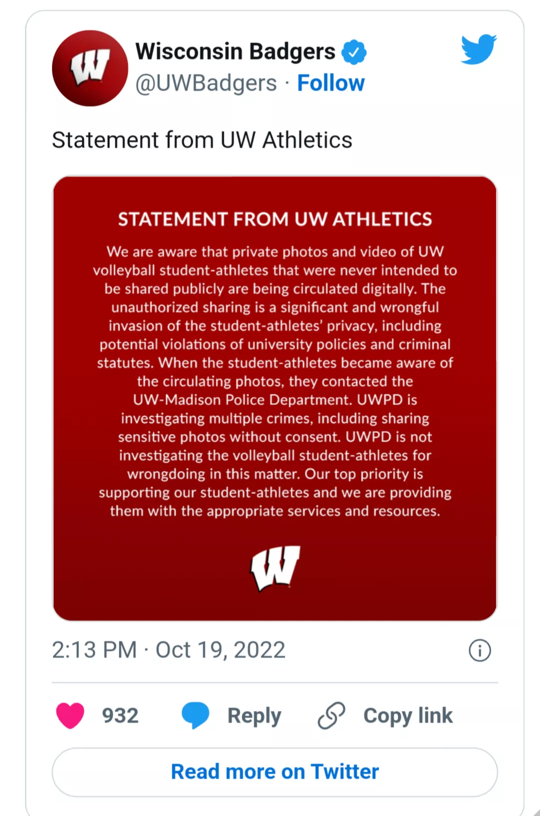 UW Madison reports that there are leaked private photos of the womenâ€™s volleyball team