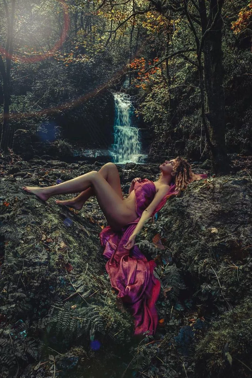 Waterfall and falling curly locks.