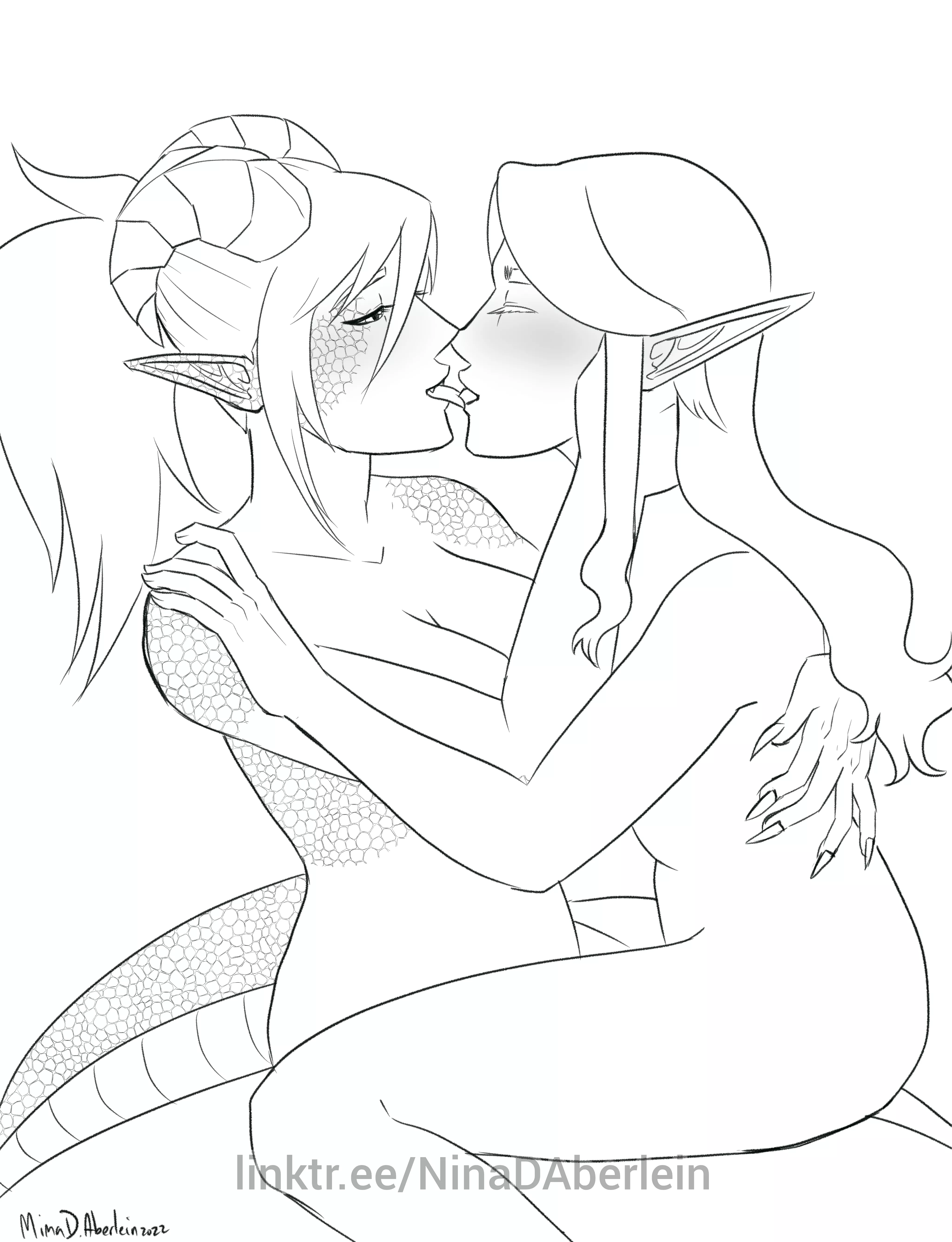 [Original] Another concept sketch... Dragon girl and elf wife making out ðŸ¥° more art on socials, link in comments