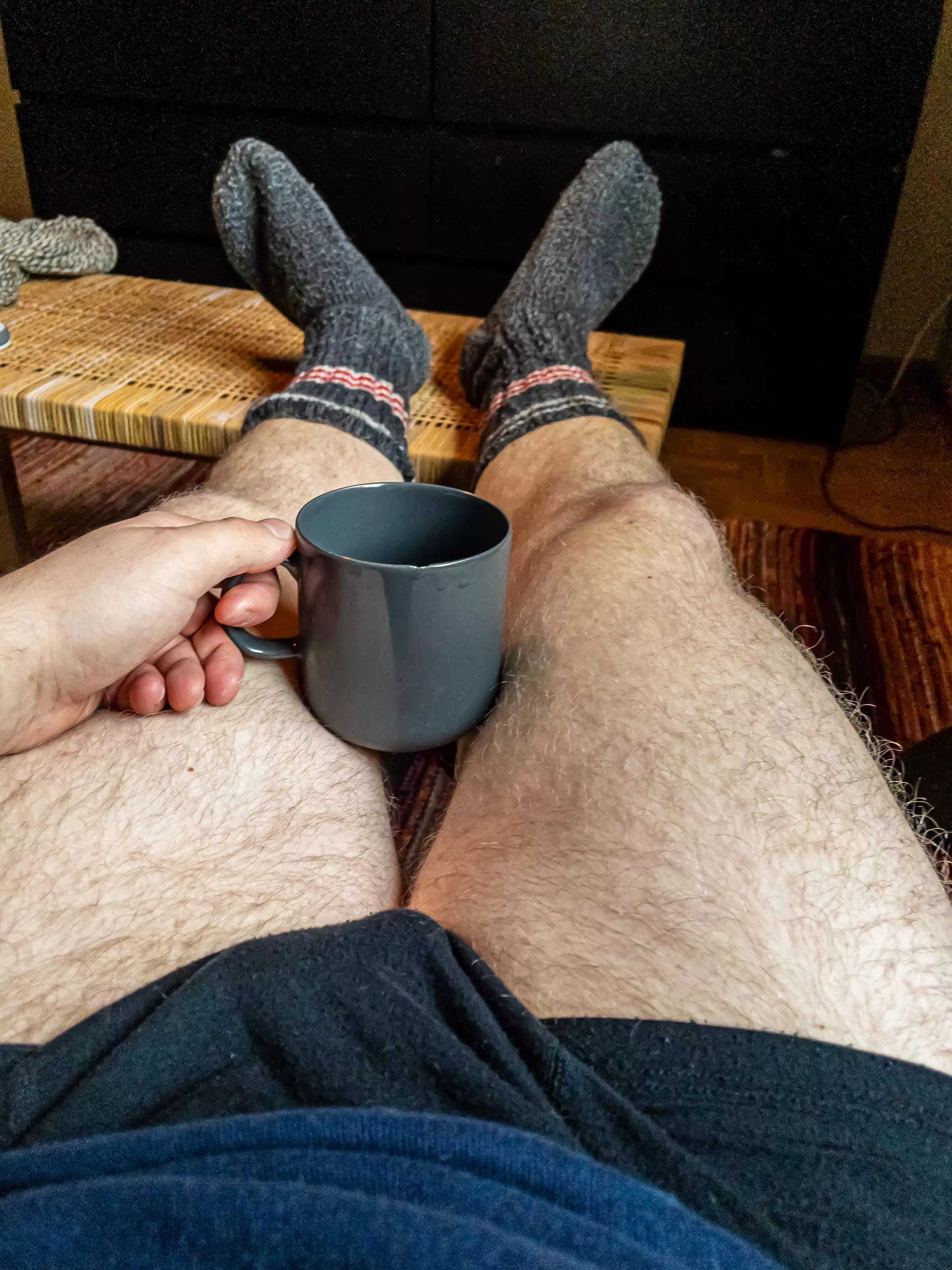 Well worn boxers, wool socks and after work coffee