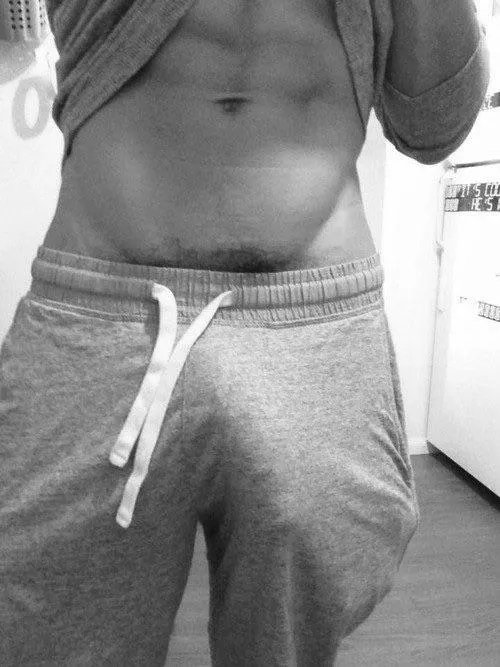 (19) grey sweatpants + big white cock = delicious bulge