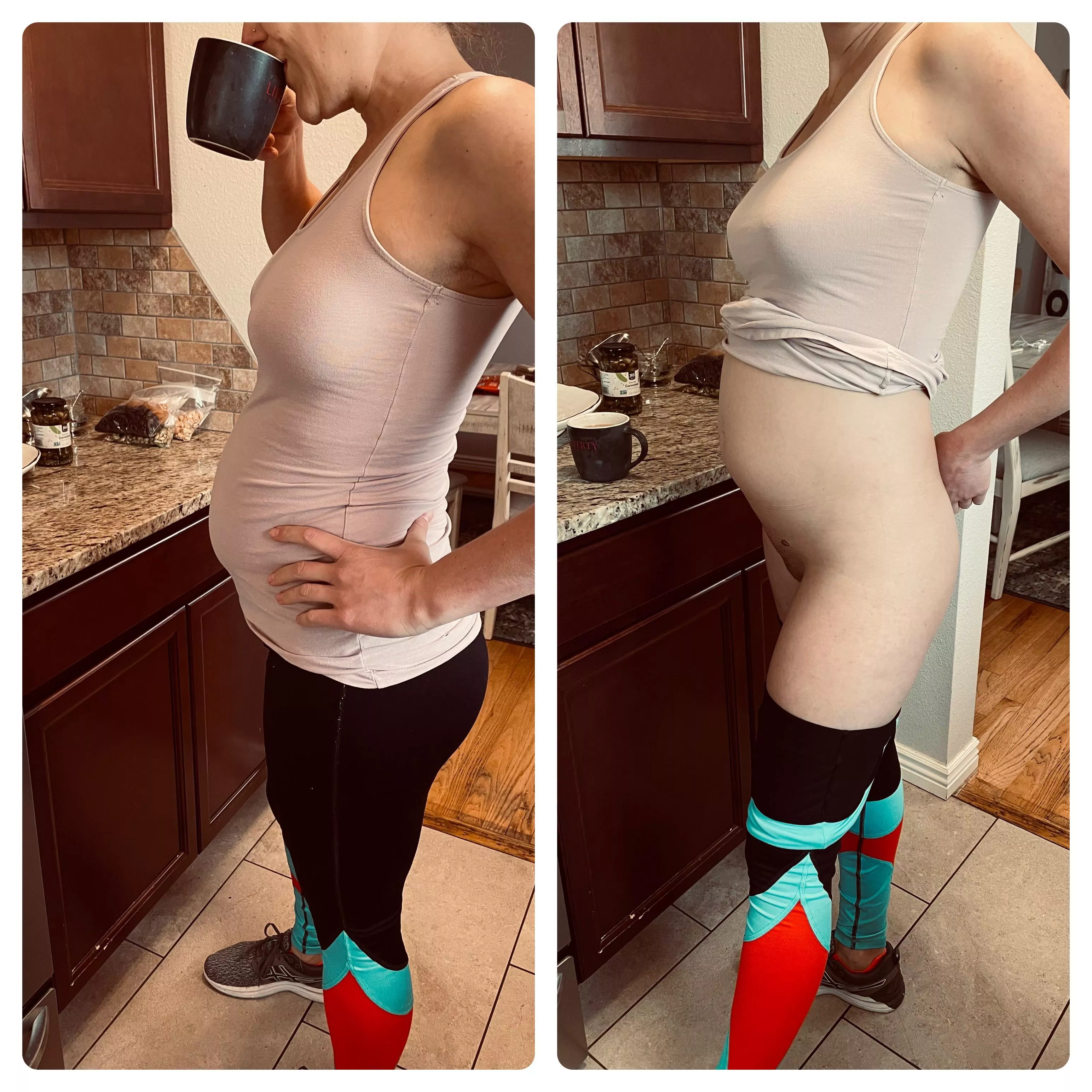 20 weeks pregnant and in the kitchen drinking coffee and needing dick and orgasms