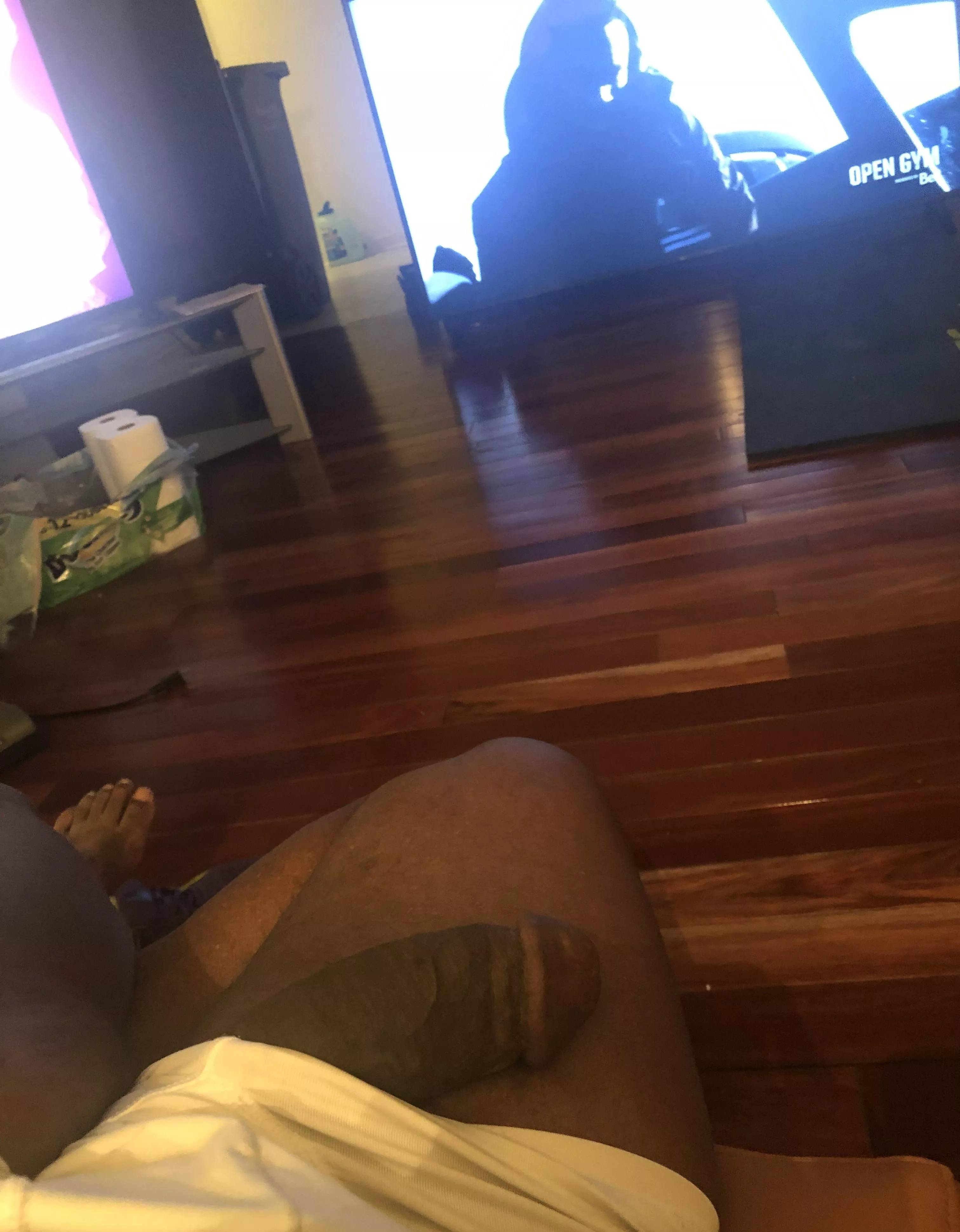 35 watching TV and my big cock come out, very horny