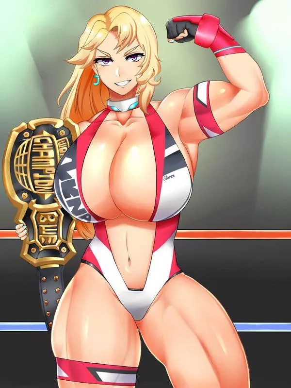 A buff mommy pro wrestler with her title.