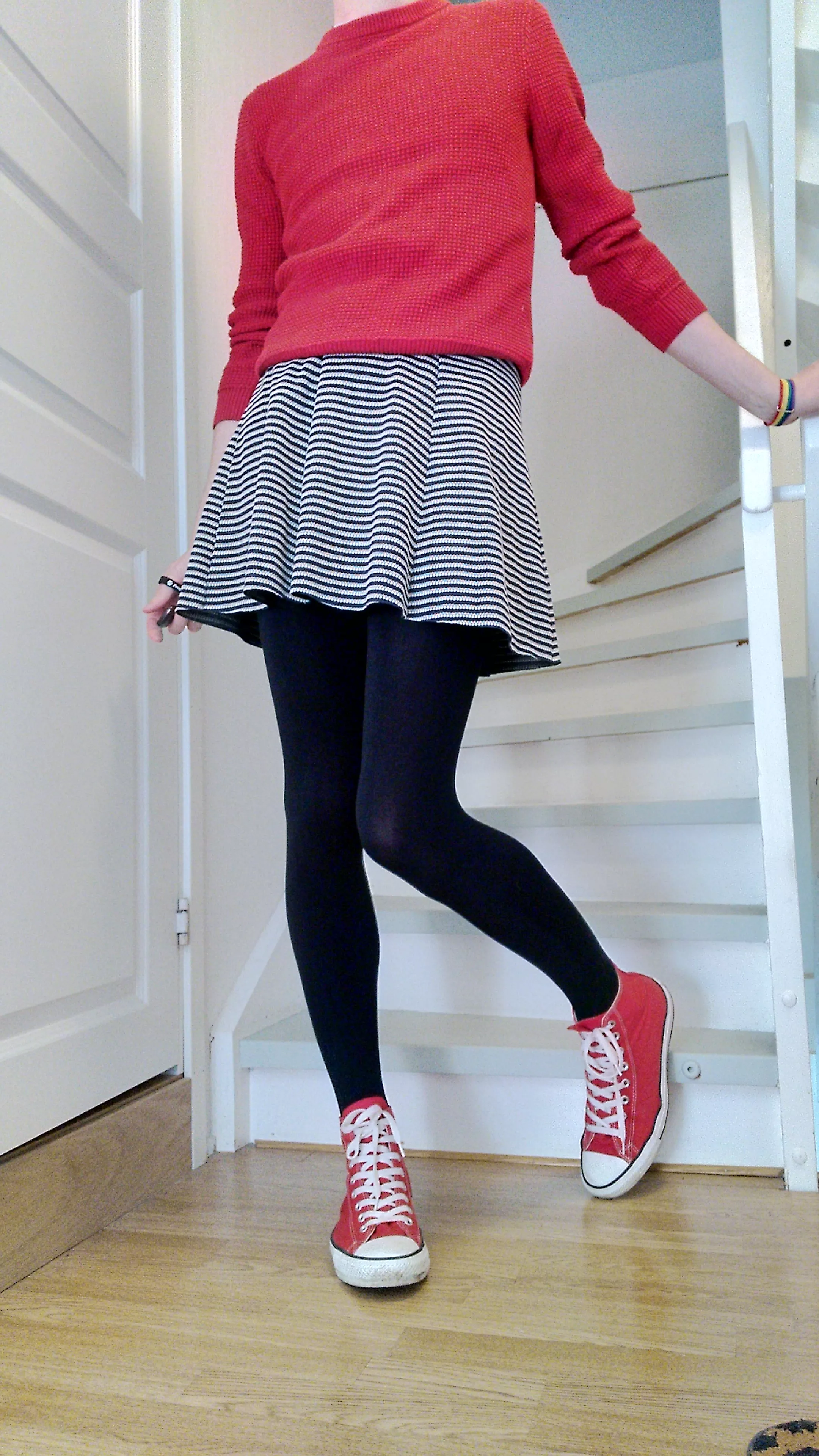 A comfy cute outfit with my new skirt. Black tights make my legs feel fem