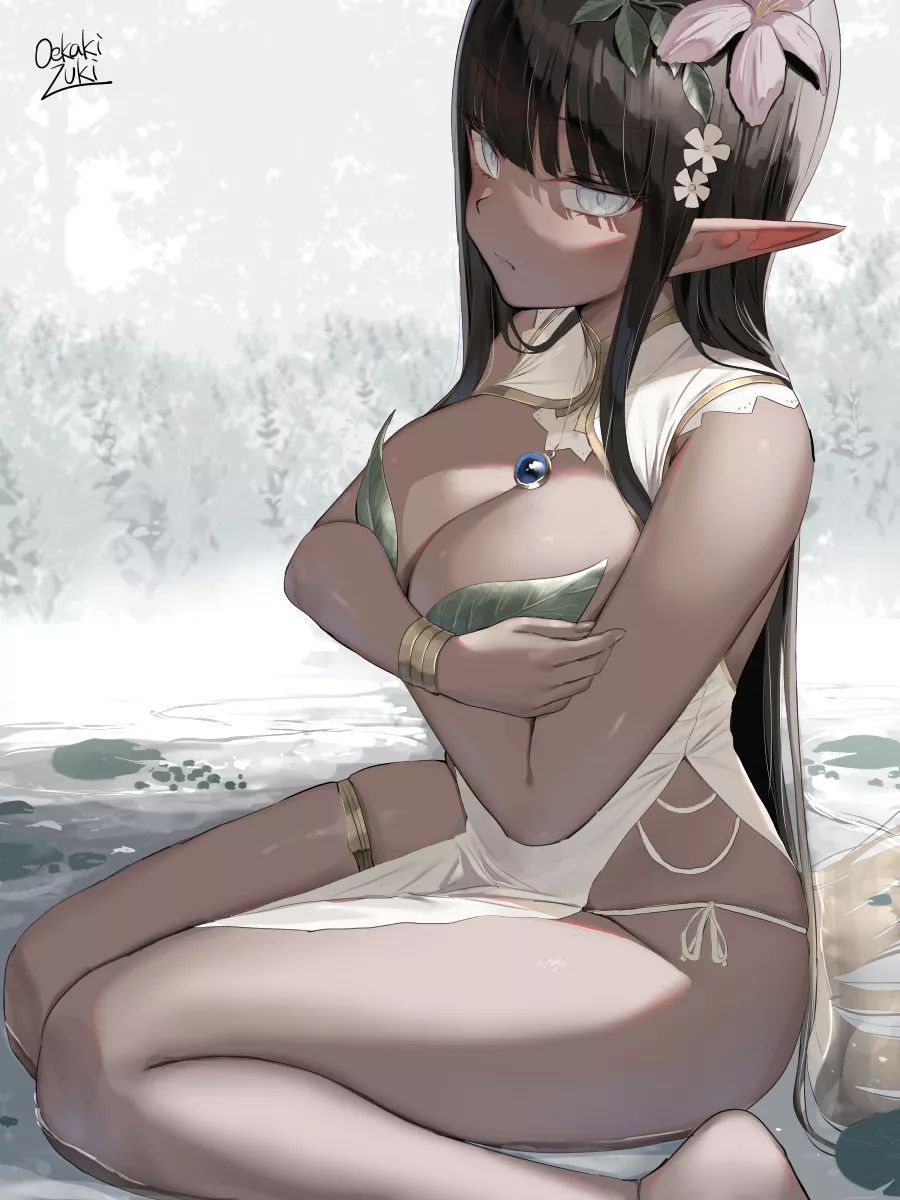 A dark elf about to take a bath [oekakizuki]