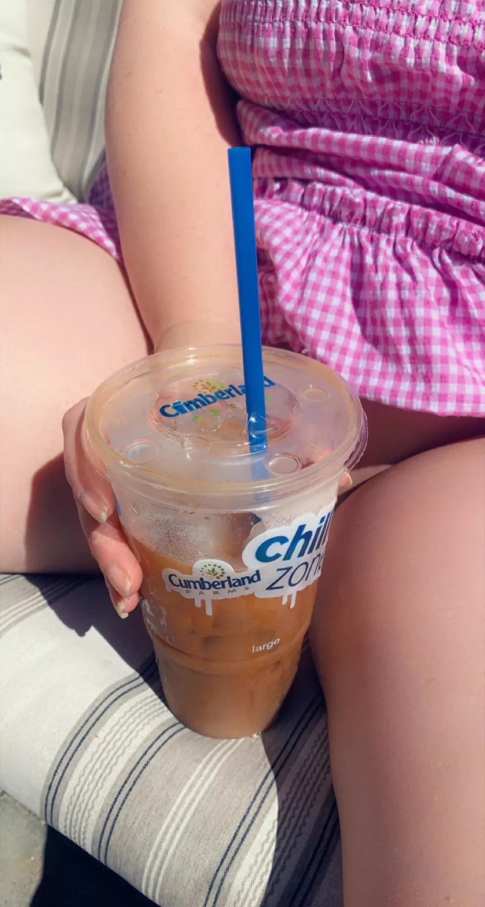 A day off and Iâ€™m sipping some iced coffee on a beautiful warm day waiting to be picked up for lunch.