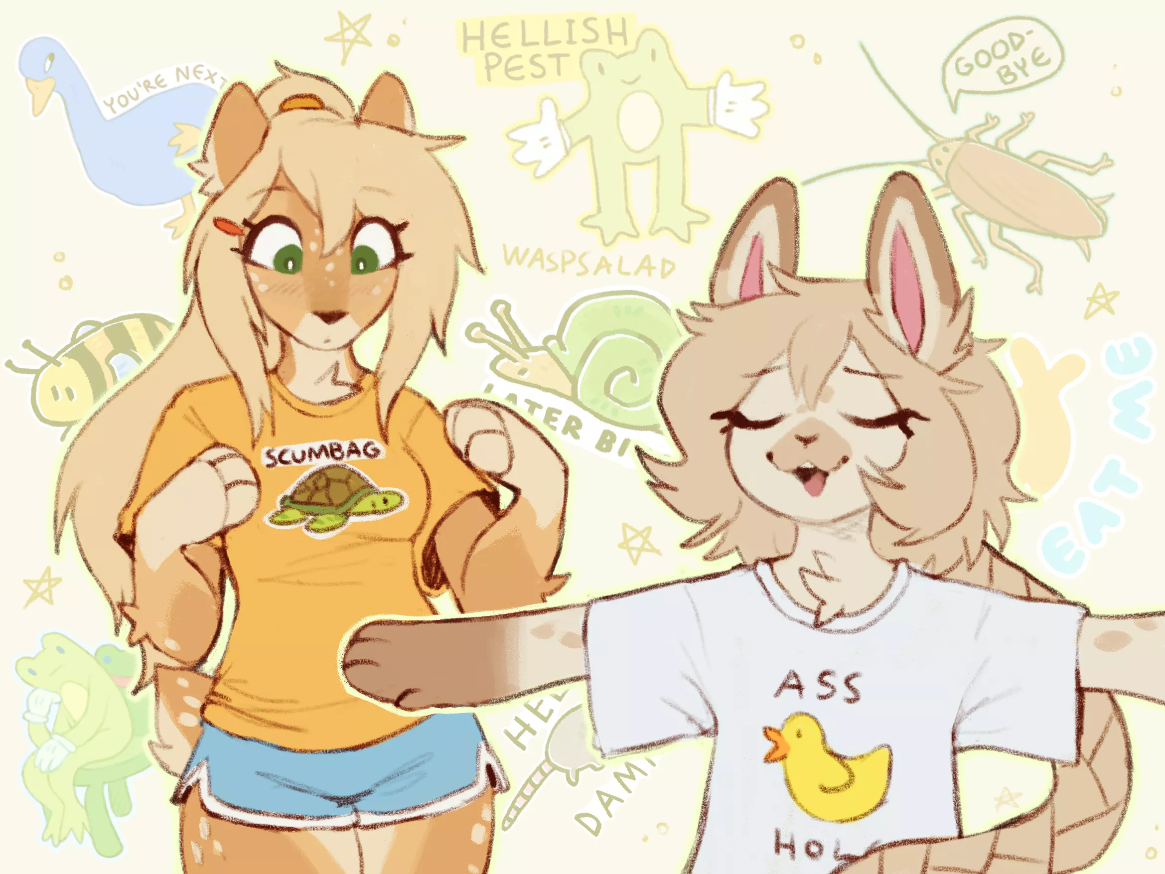 Almond and Torpor showing off my highly intelligent shirt designs