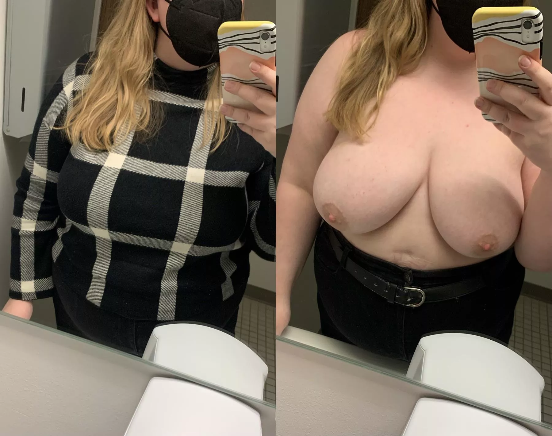 An on/off in the office bathroom to show you what’s hiding under my sweater