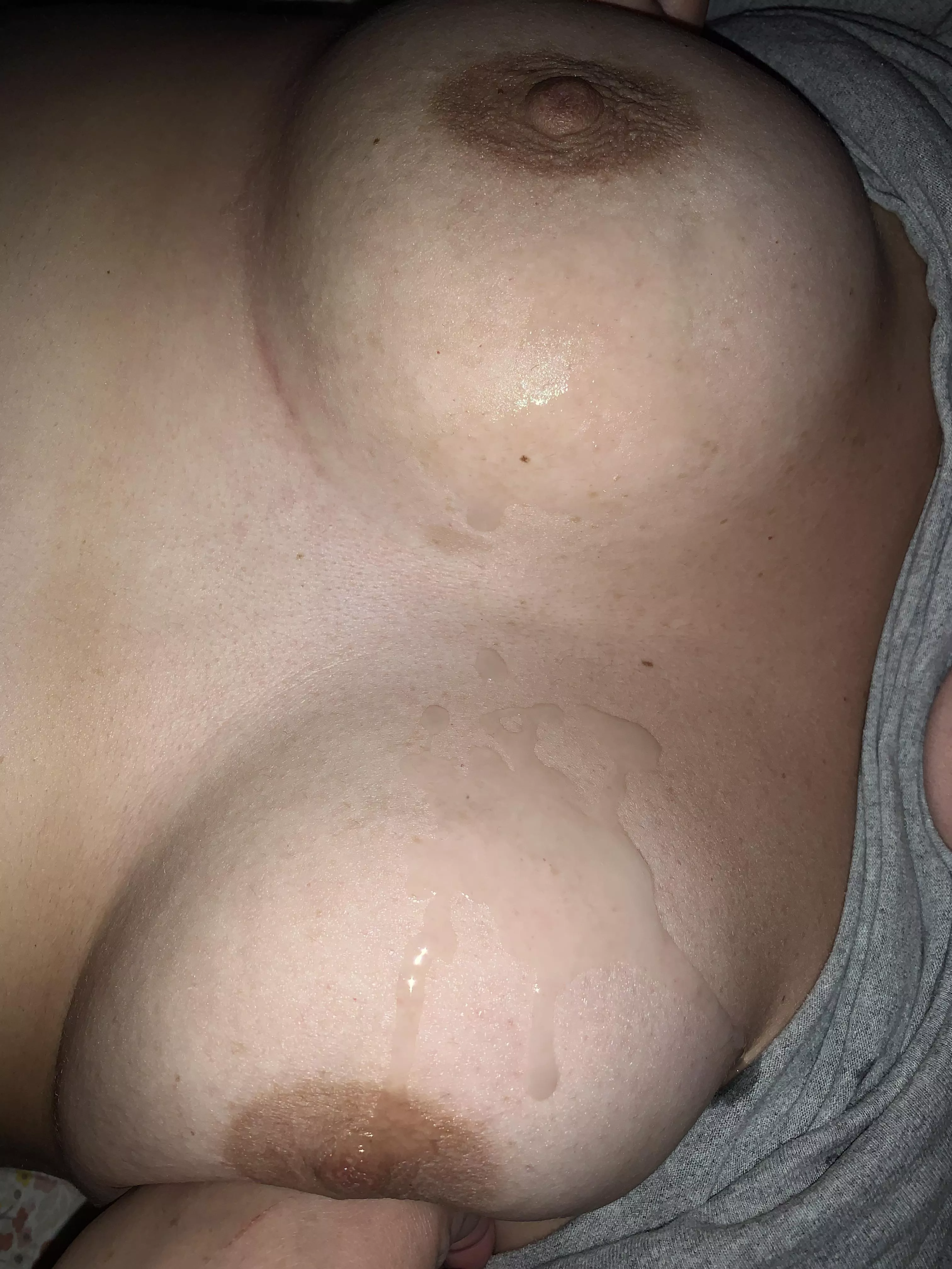 Anybody else wants to cum on my slut wife’s tits